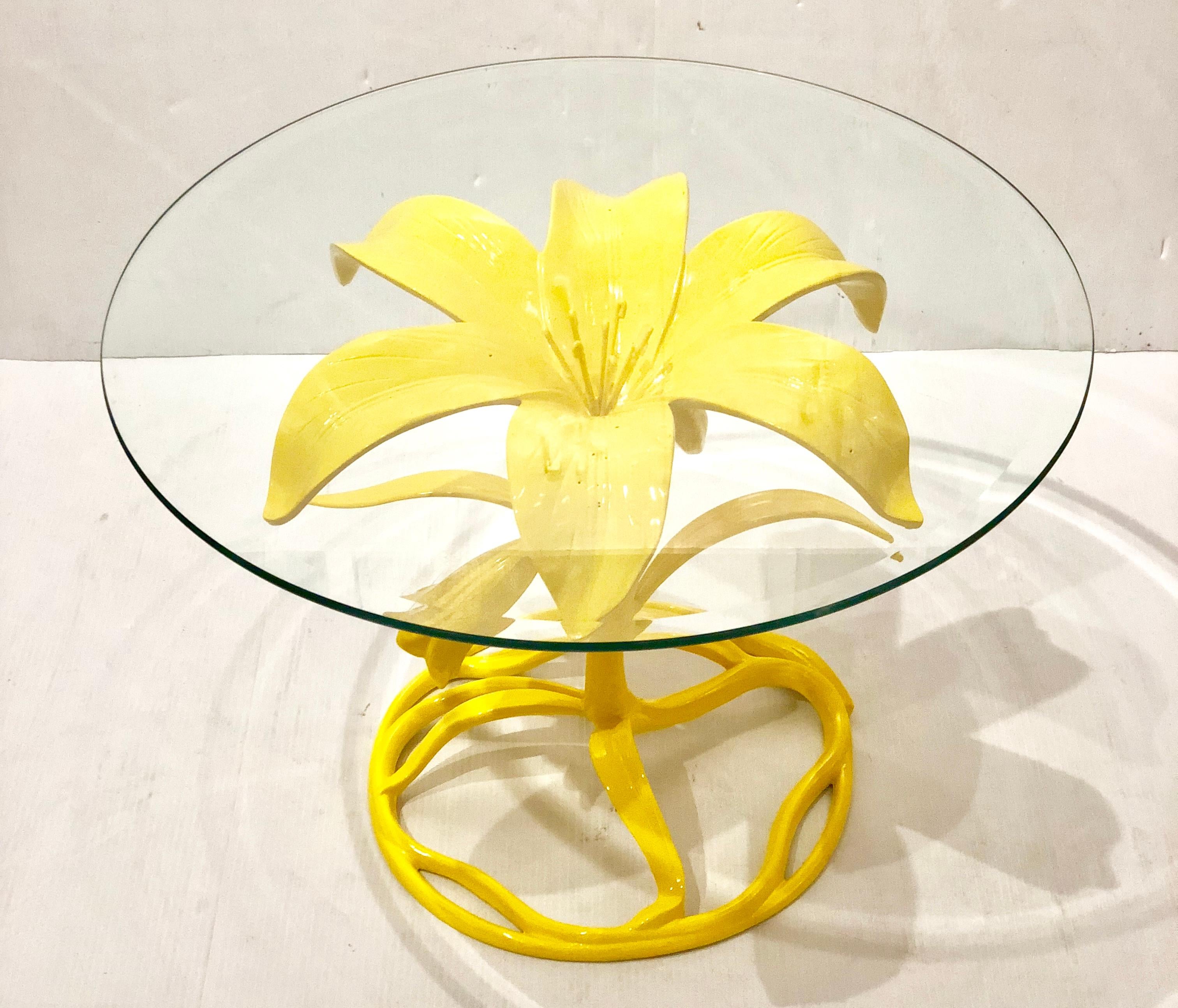 Great and unique pair of lily cocktail tables, by Arthur Court circa 1960s freshly sandblasted and powder coated in vibrant yellow, we are selling these tables without glass, the customer can fit any diameter and thickness of the round top that