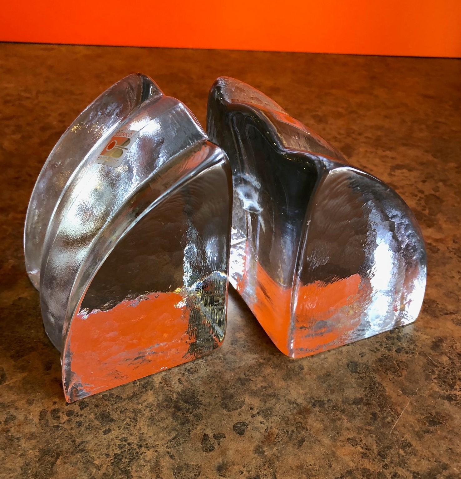 Nice pair of quarter circle / wedge / half moon clear glass bookends by Blenko, circa 1970s.
