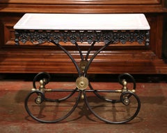 Polished French Iron Butcher or Pastry Table with Marble Top and Brass Mounts