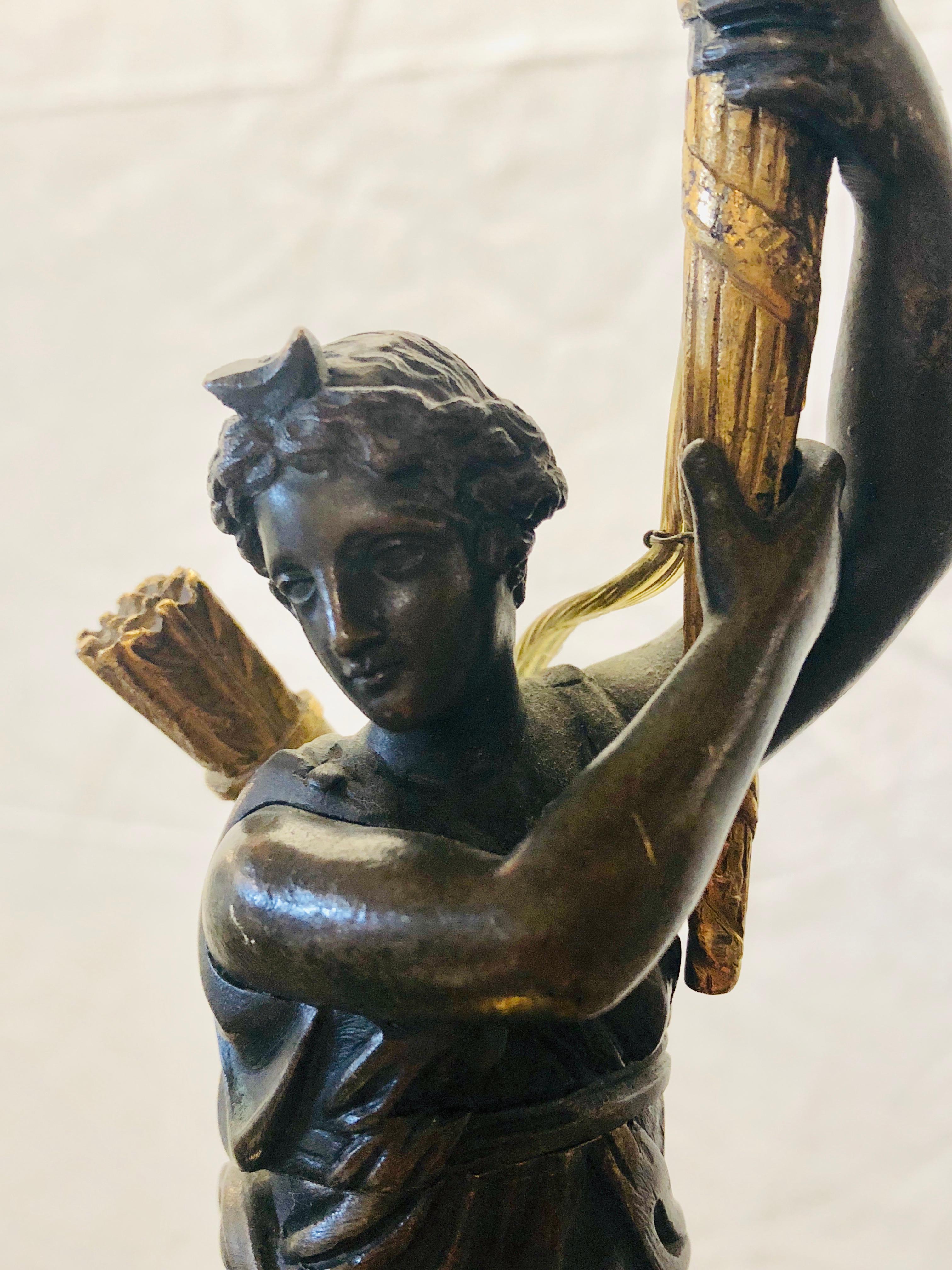 Empire Doré Bronze Candelabra Lamp Having a Patinated Woman Mounted as a Lamp For Sale 14