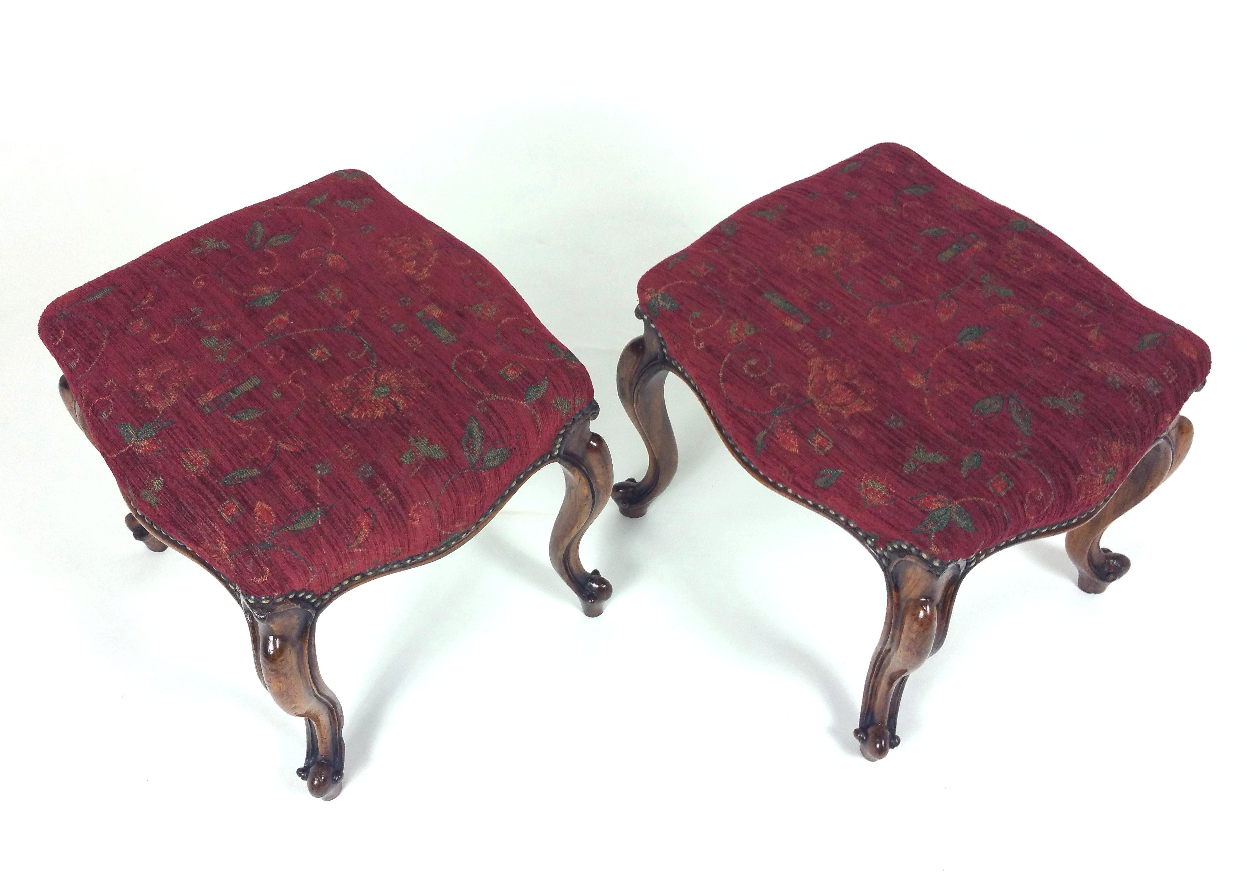 English Pair of Victorian Carved Walnut Stools