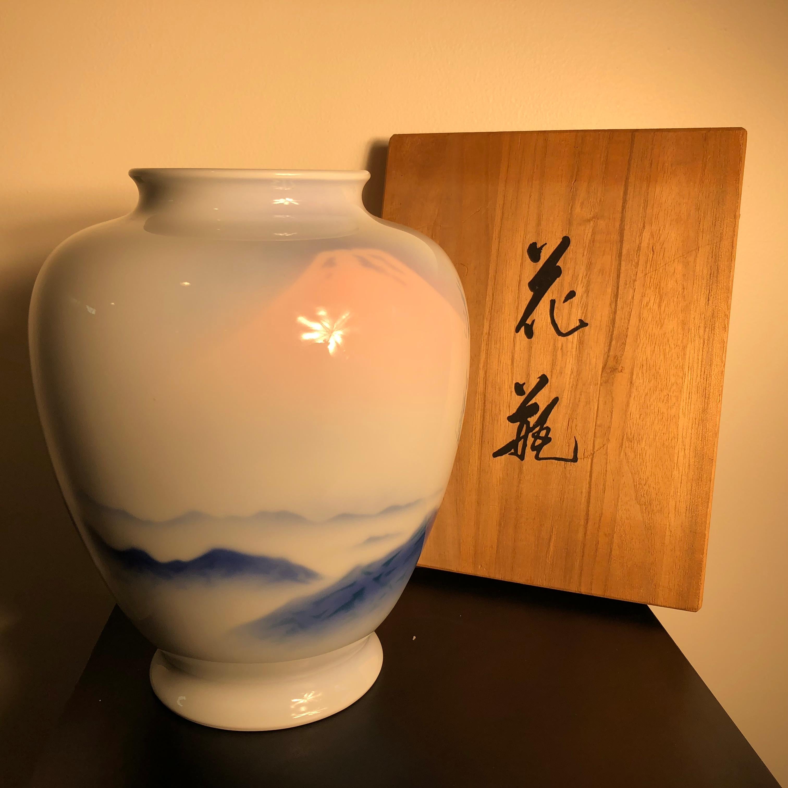 Showa Japanese Fine Old Soft Blue Mountains Porcelain Vase, Mint, Signed and Boxed