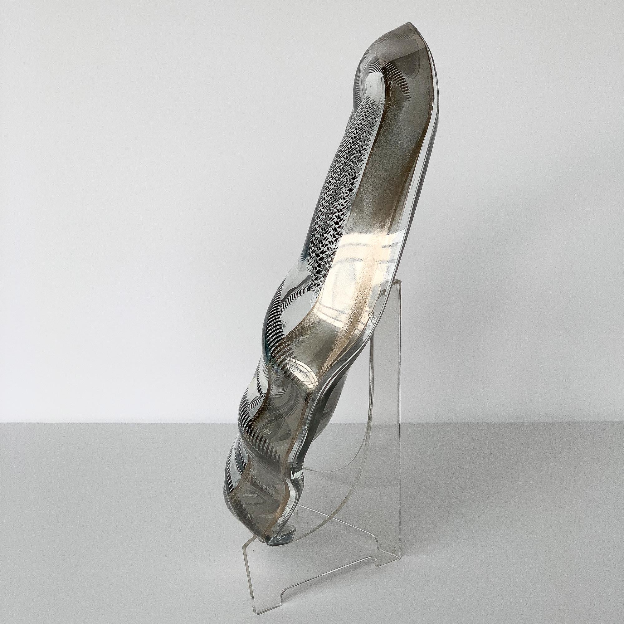 Mid-Century Modern Unique Sculptural Art Glass Low Bowl with Silver Details