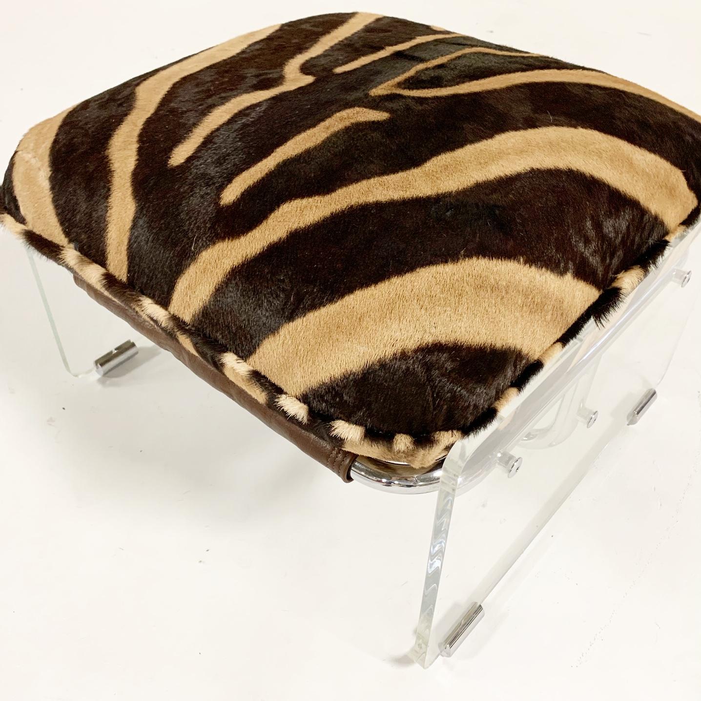 Vintage Pace Collection Argenta Lucite and Chrome Ottoman with Custom Zebra Hide In Good Condition In SAINT LOUIS, MO