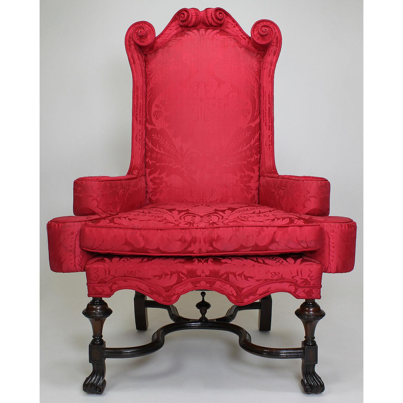 William and Mary Rare Pair of English 19th Century William & Mary Style Mahogany Throne Armchairs For Sale