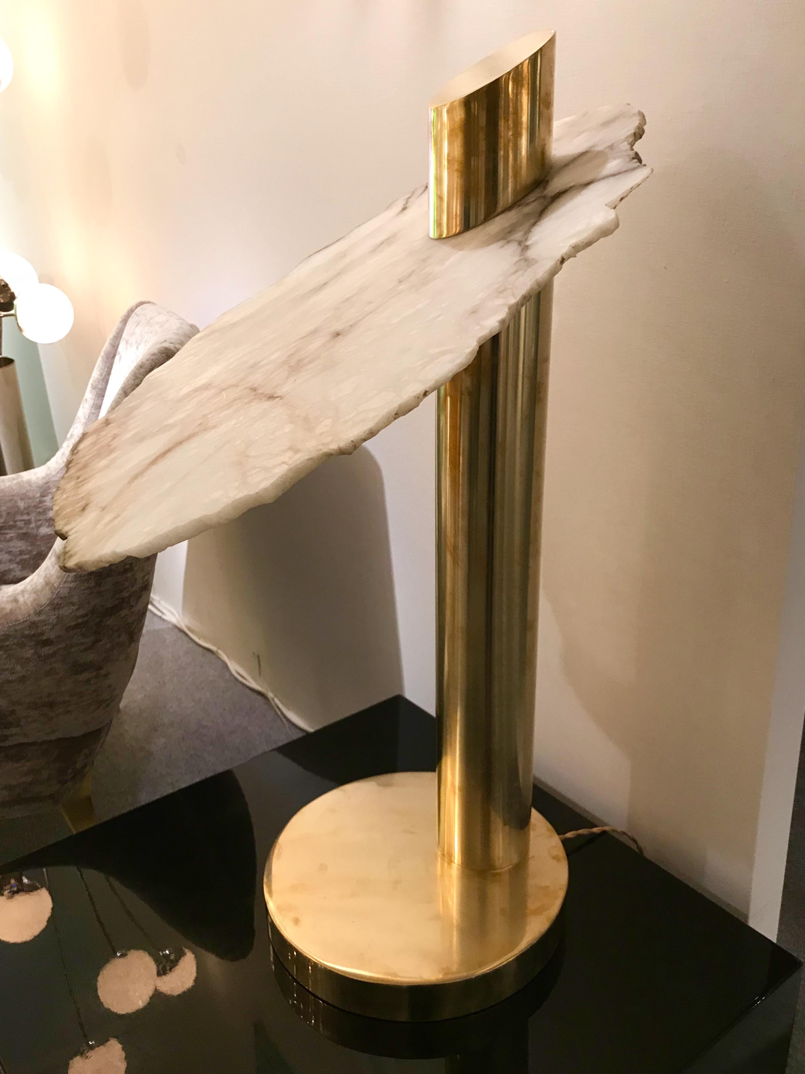 Italian Contemporary Pair of Brass Alabaster Totem Lamps, Italy