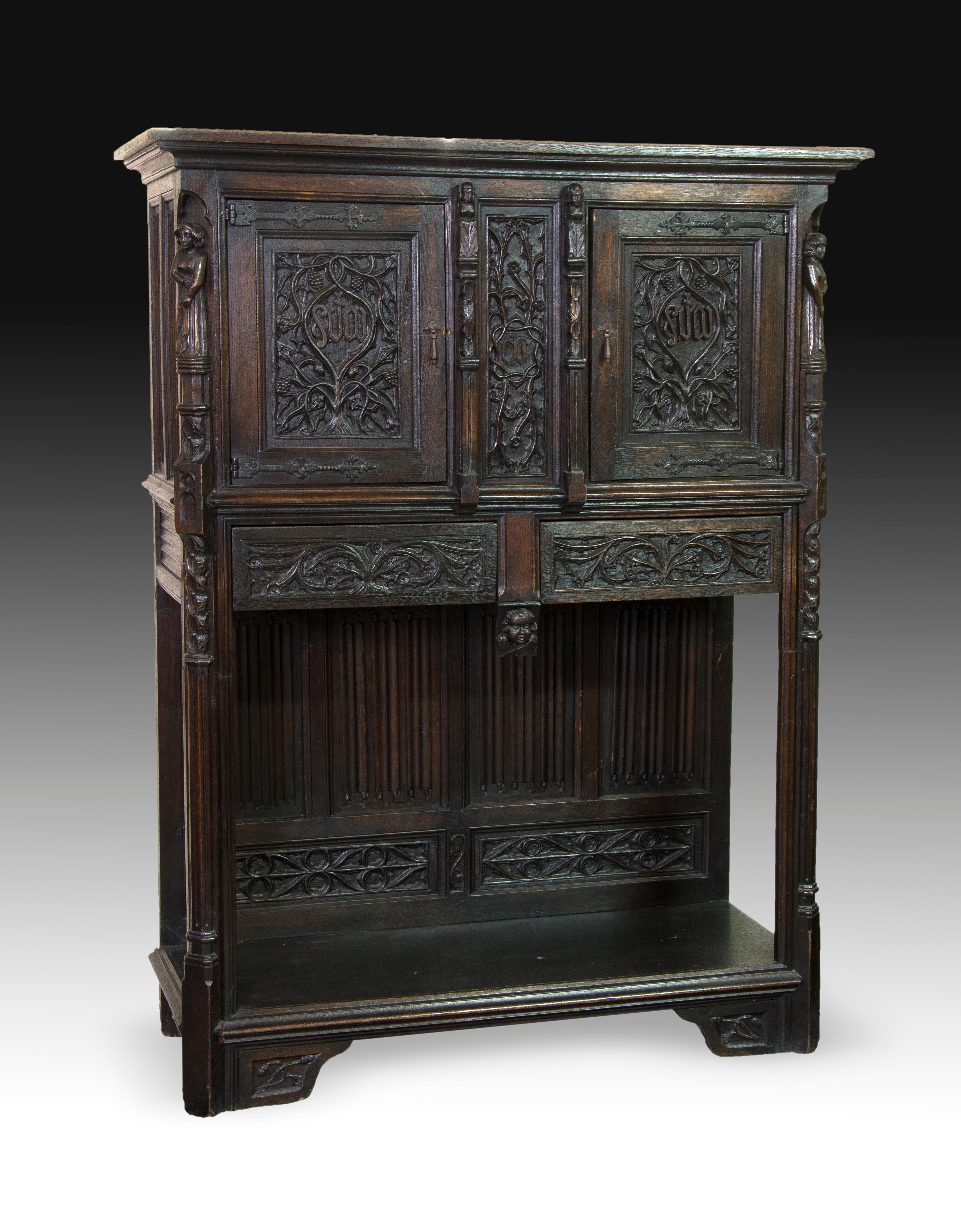 Gothic Revival Neogothic Cupboard, Oak, 19th Century For Sale