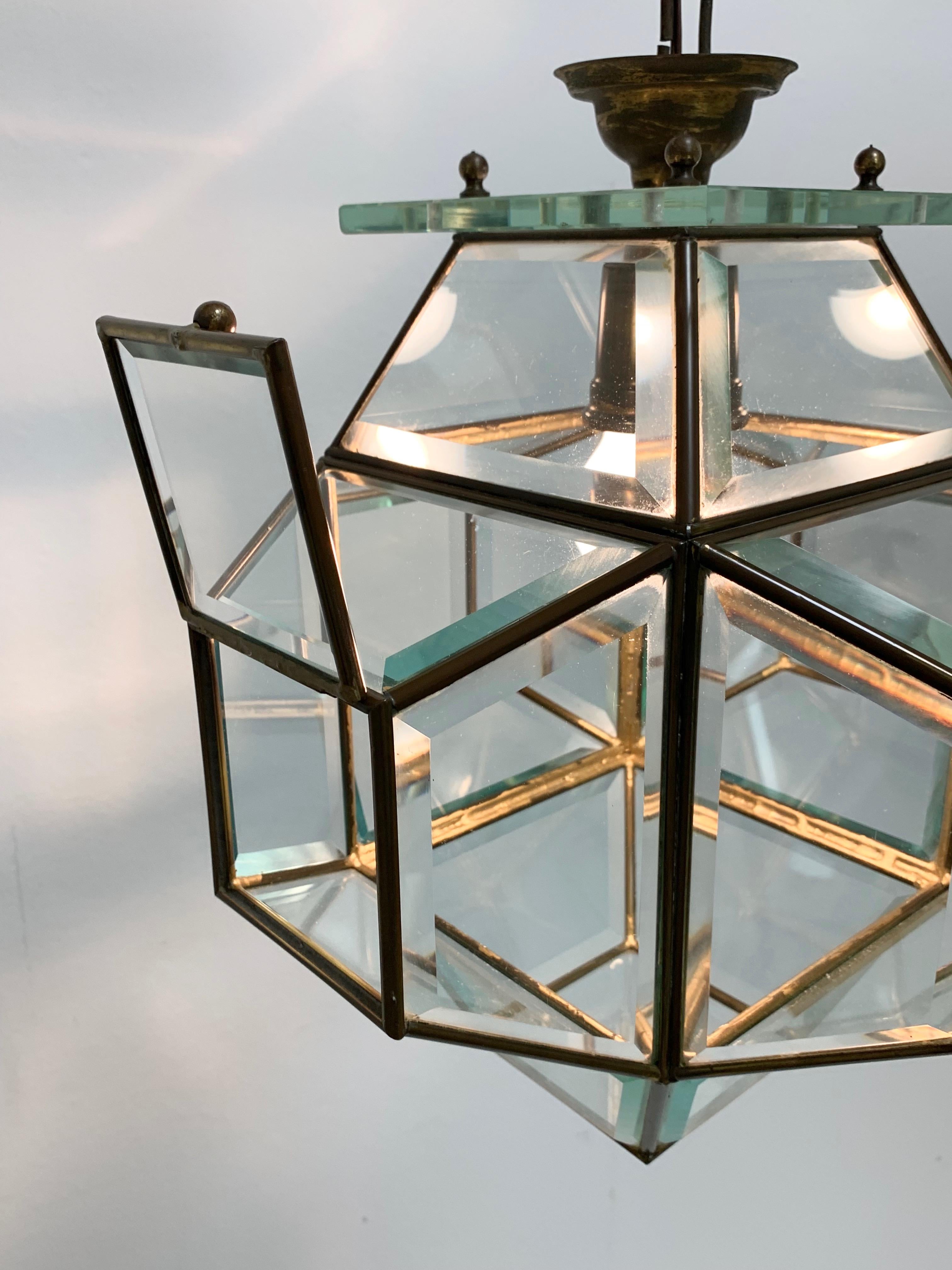 Mid-Century Modern 1950s Glass and Brass Lantern Attributed to Fontana Arte, Italy Lighting