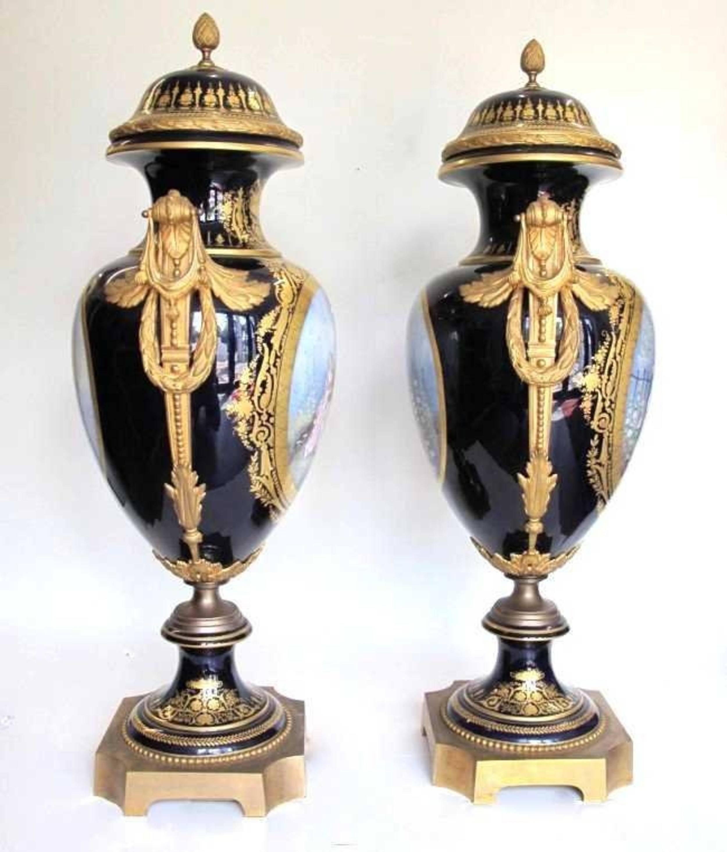 Magnificent Pair of Sevres Gilt Bronze Mounted Vases and Covers, Signed In Good Condition For Sale In West Palm Beach, FL