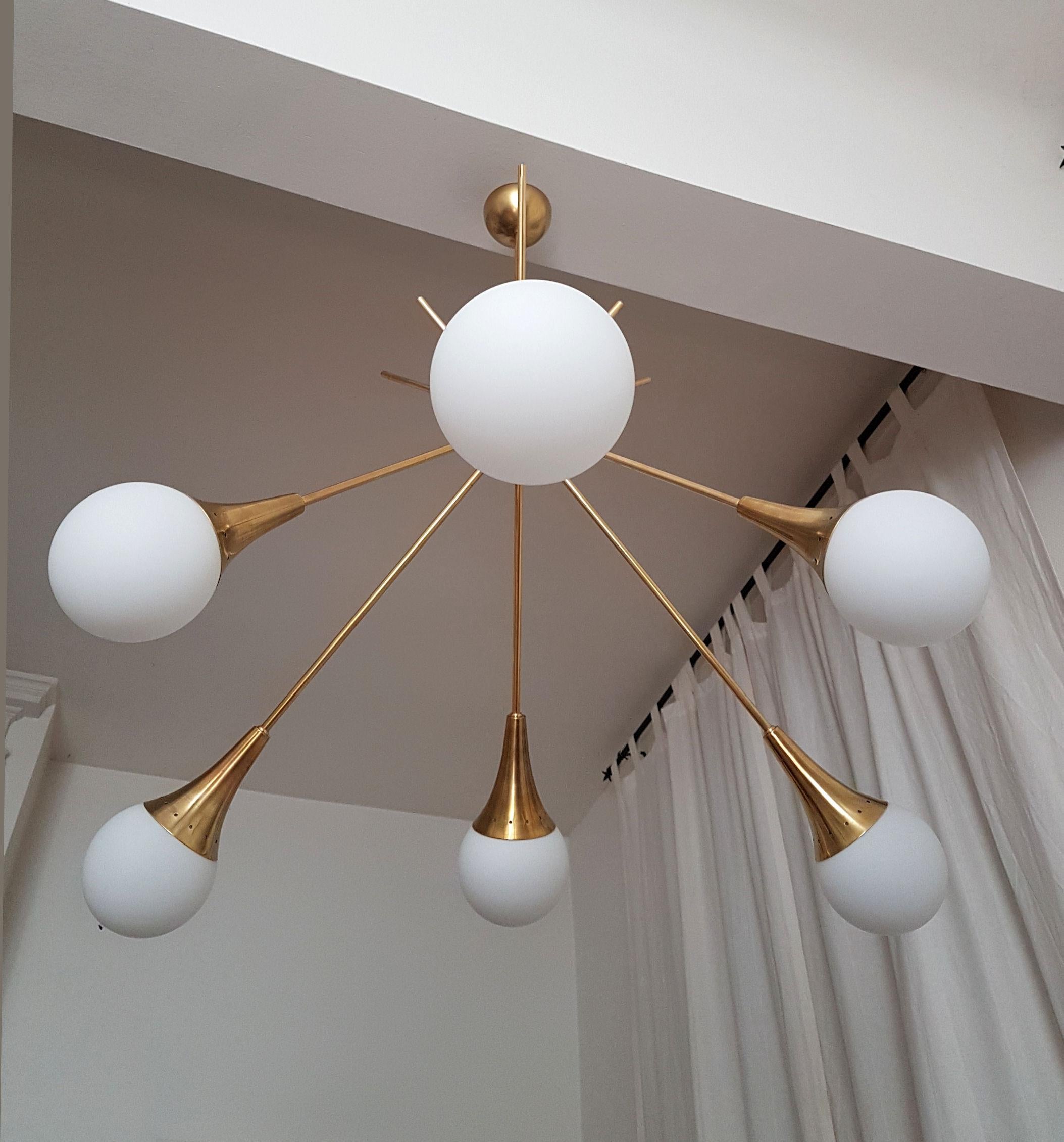 Italian Two Large Midcentury Brass and Glass Sputnik Chandeliers, Stilnovo Style, 1970s