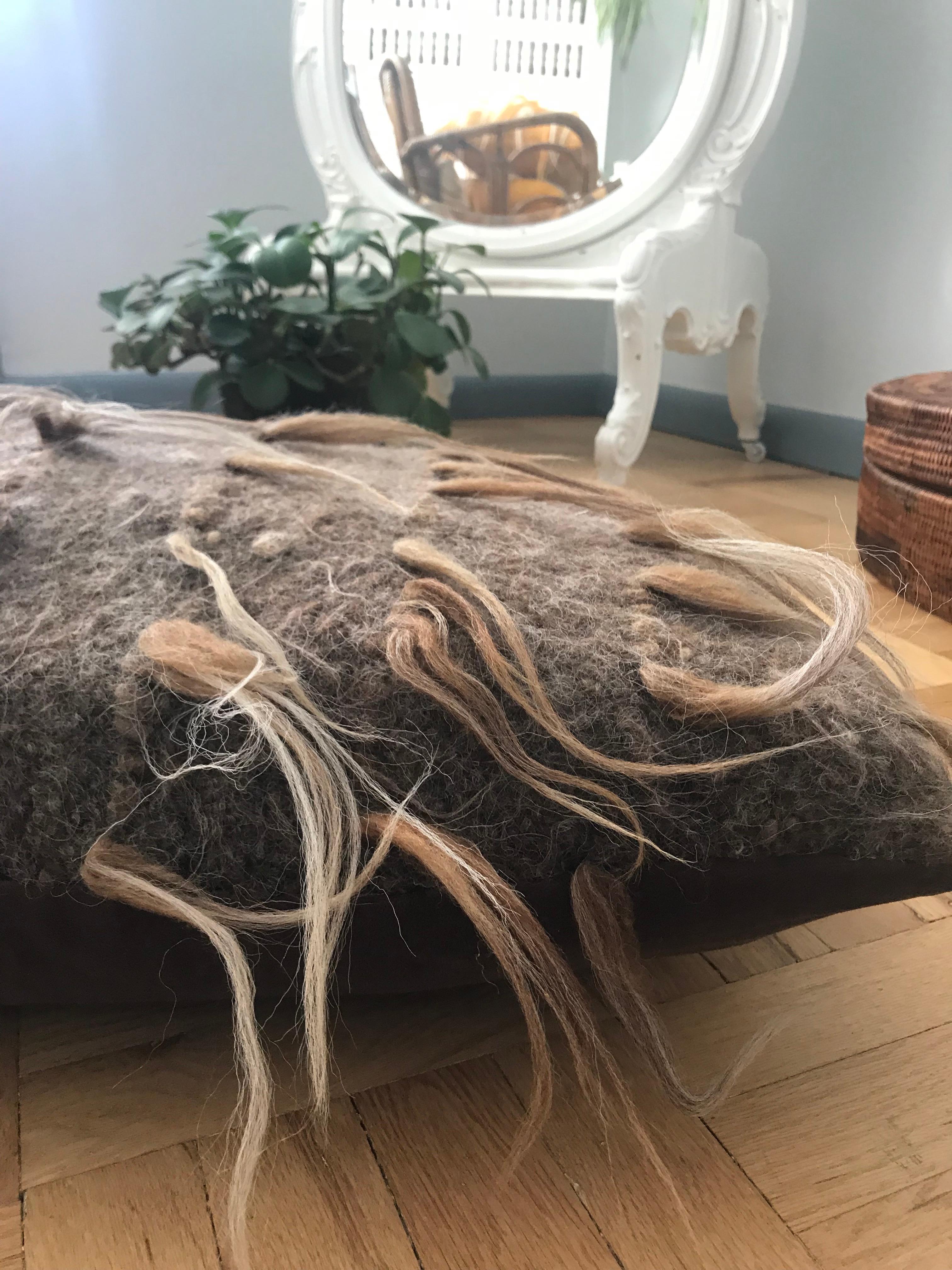 Rustic Brown 'Trousseau' Handwoven Felted Organic Wool Pillow For Sale