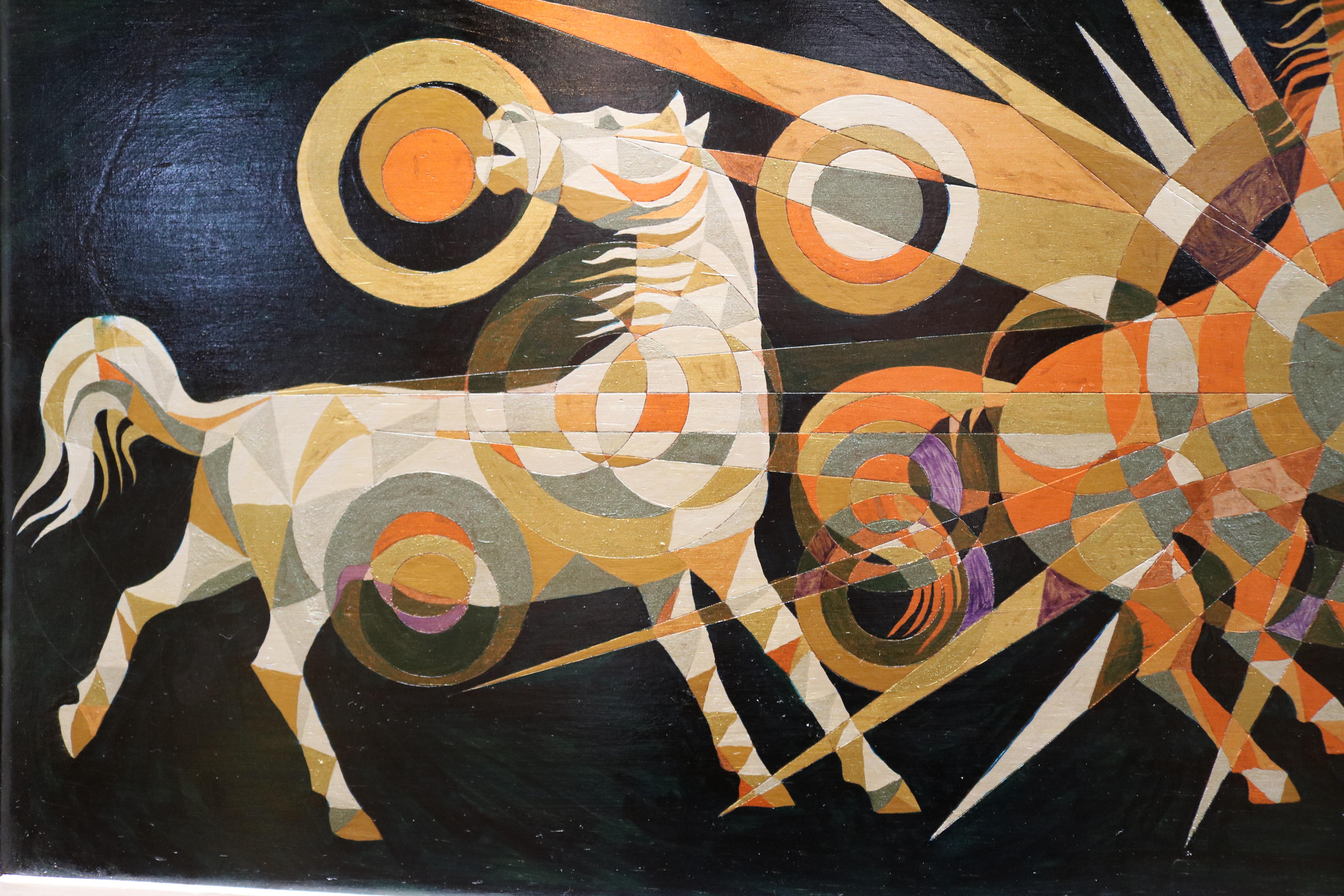 Mid-Century Modern Multicolored Kaleidoscope Style Horses Painting Signed Badilla