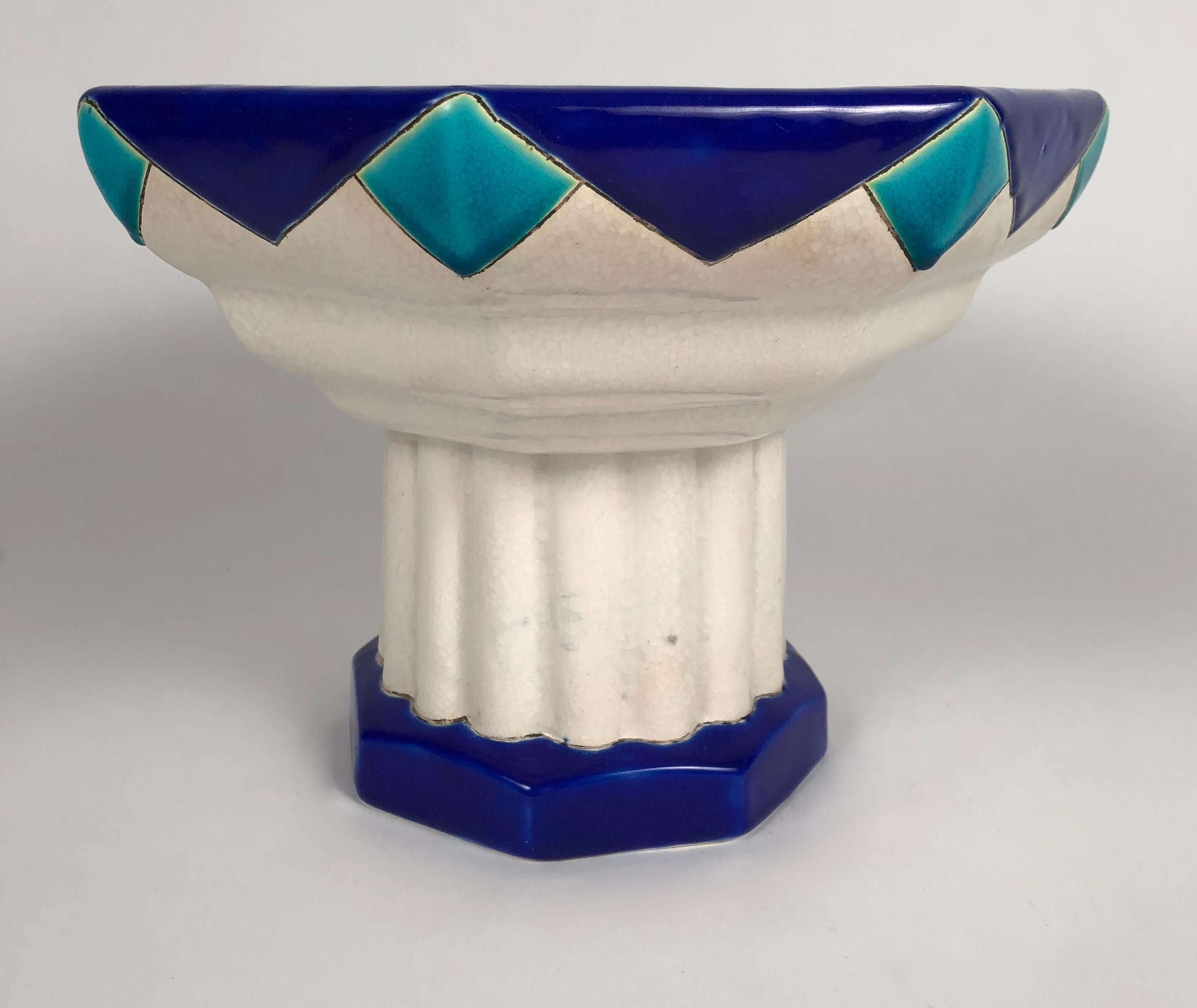 Belgian Art Deco Period Blue Turquoise and White Ceramic Footed Bowl by Boch Frères