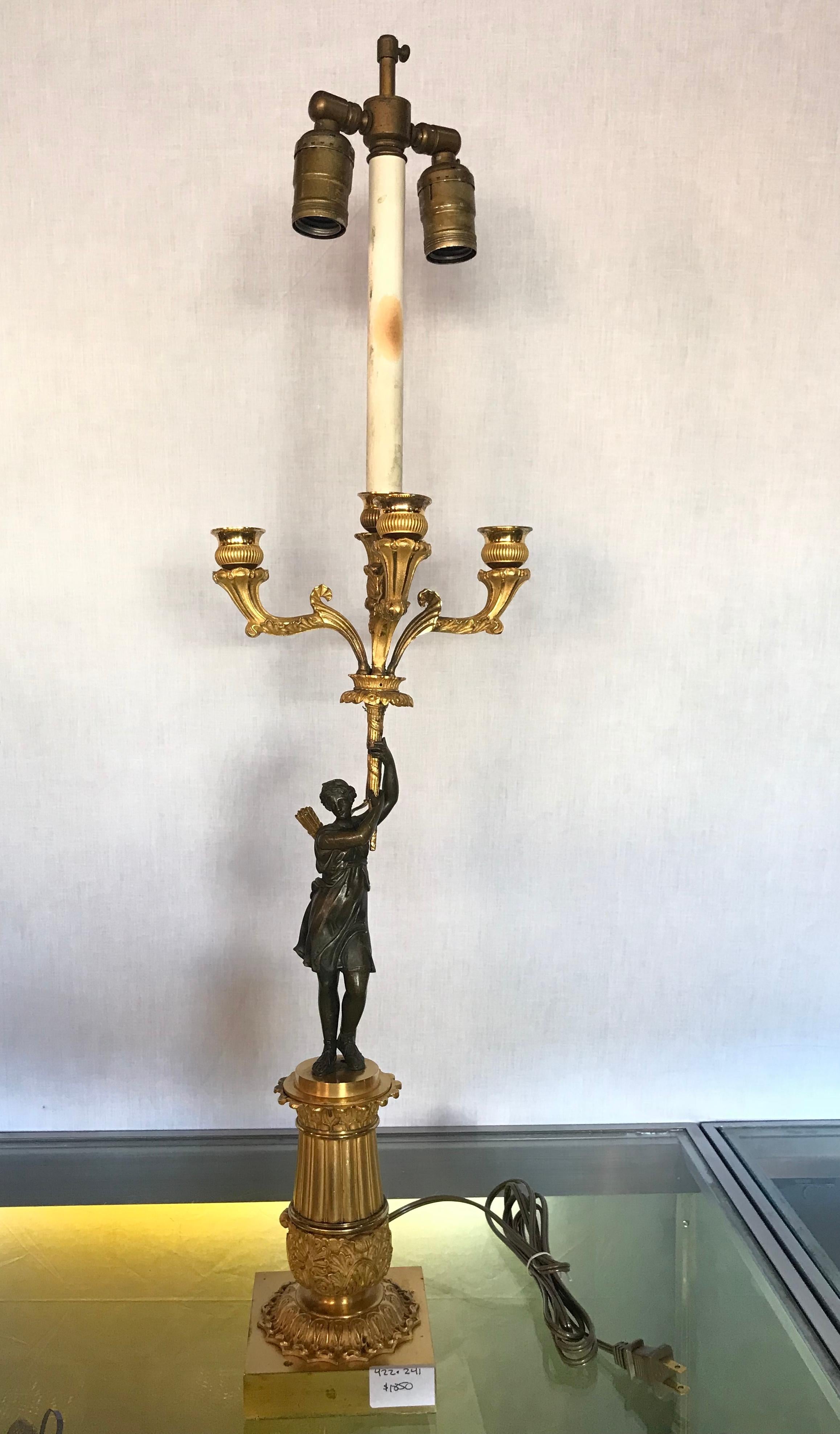 Louis XVI Empire Doré Bronze Candelabra Lamp Having a Patinated Woman Mounted as a Lamp For Sale