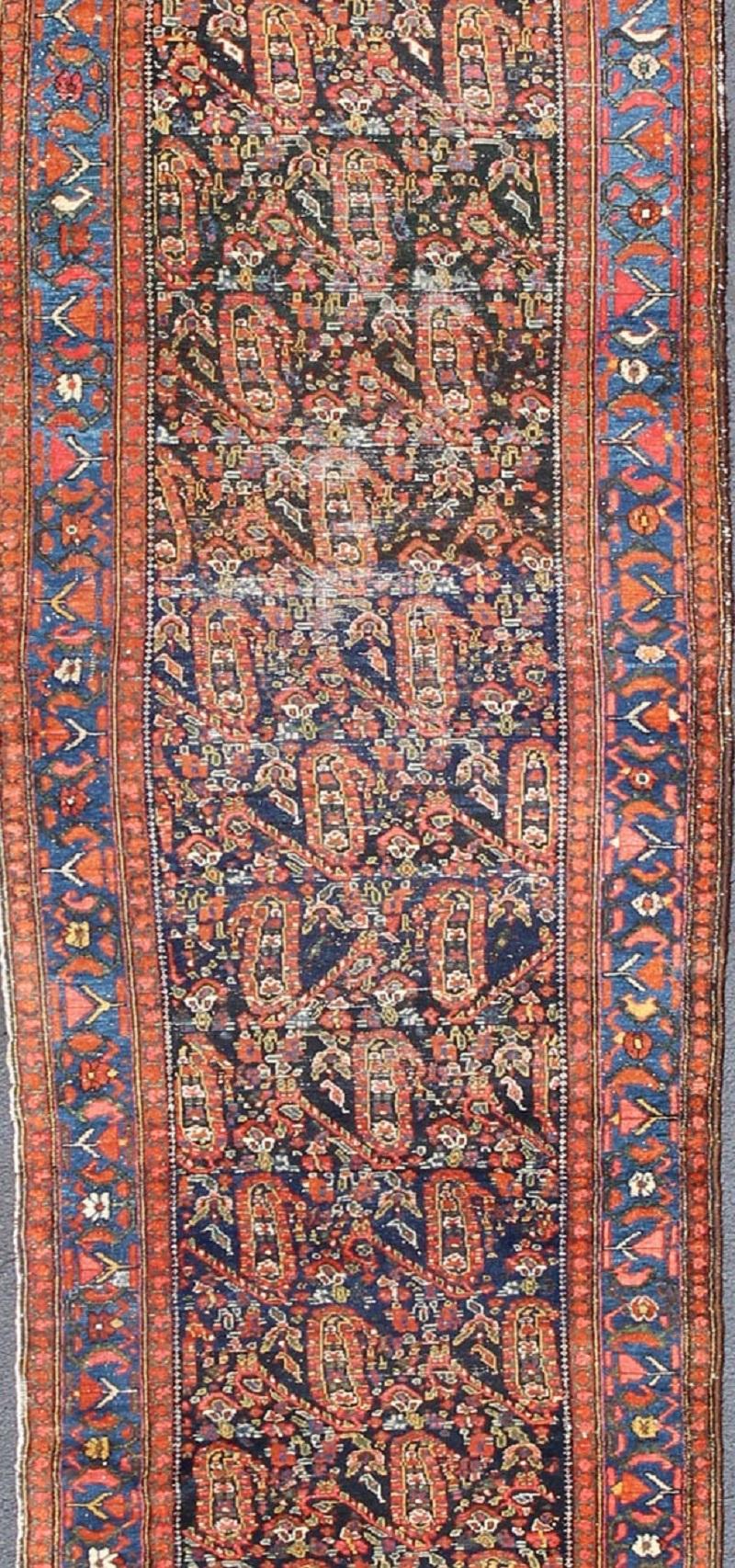 Hand-Knotted All-Over Design Antique Persian Malayer Long Runner in Blue and Burnt Orange 
