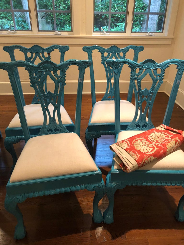 Glamorous Set of 8 Lacquered Carved Wood Dining Chairs For Sale at 1stdibs