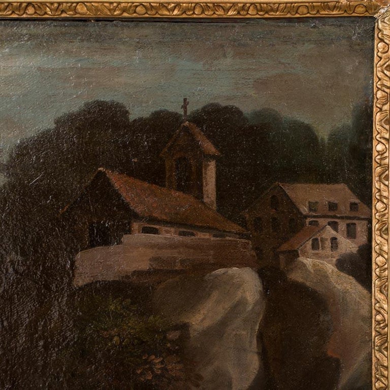 European Antique Original Oil on Canvas Landscape with a Monastery For Sale