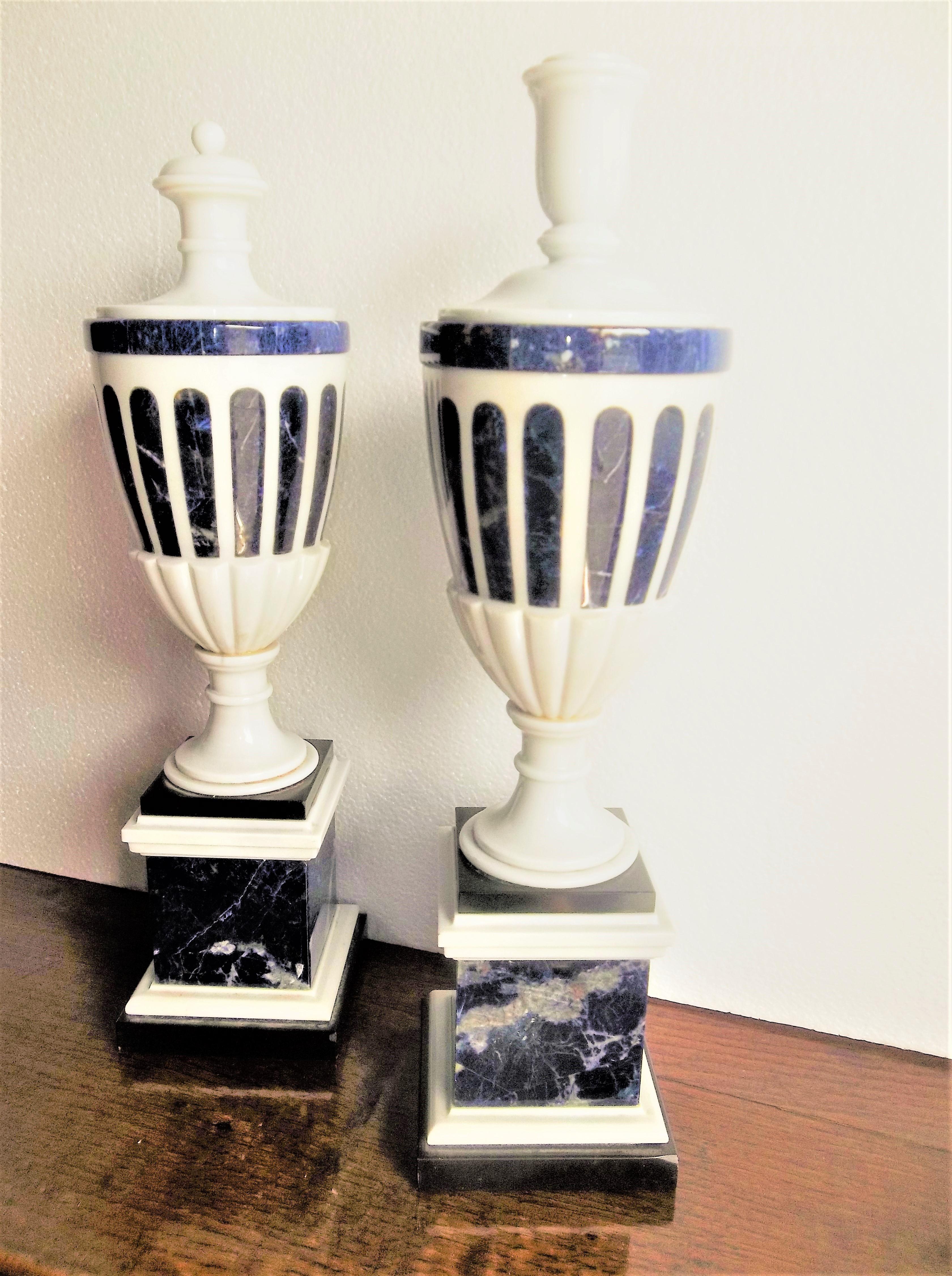 French Tall Pair of Neoclassical Styled Lapis Inlaid Urn Garniture Candlesticks