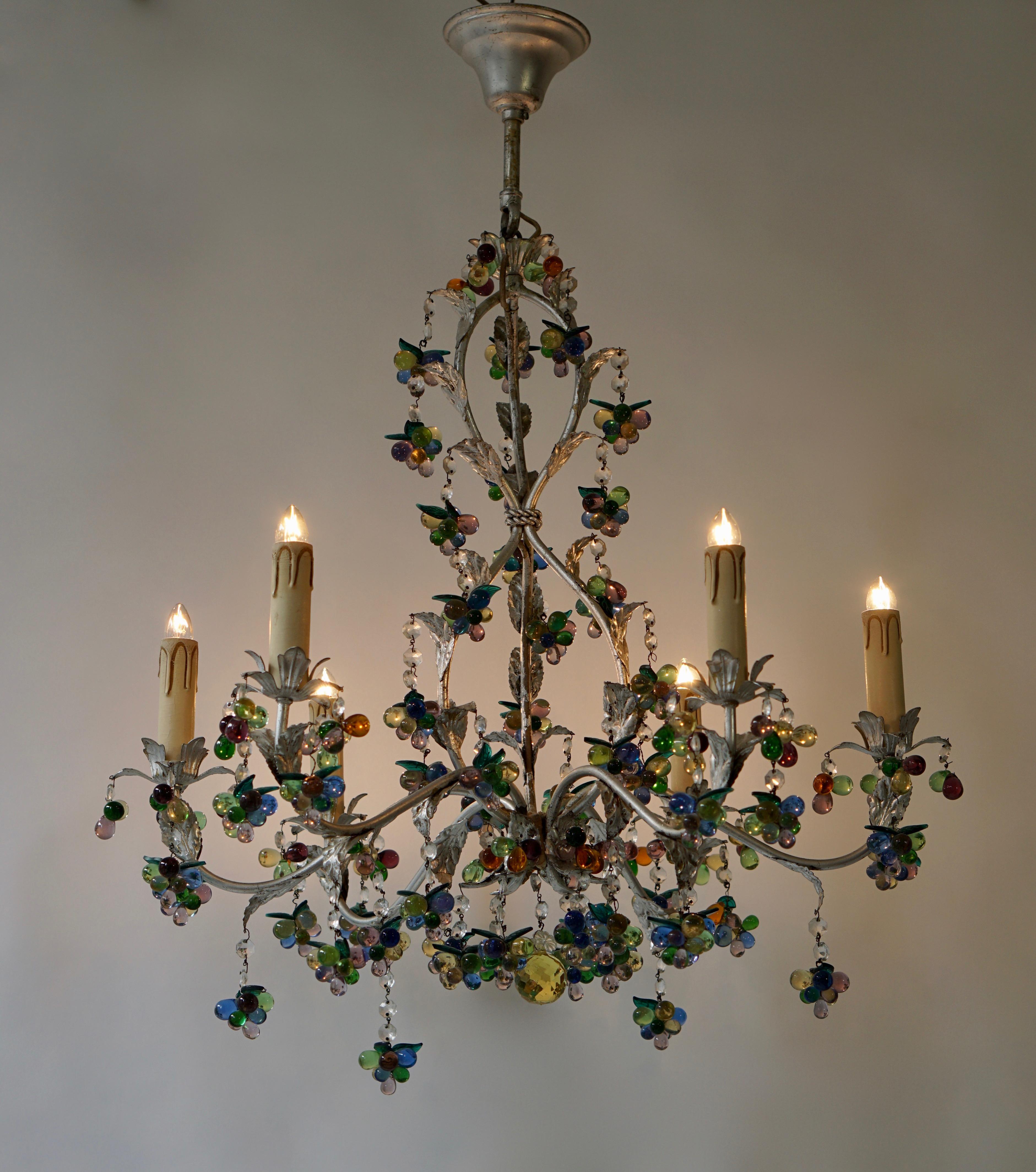 Mid-Century Modern Large Six Branch Chandelier Hung with Amethyst Grapes