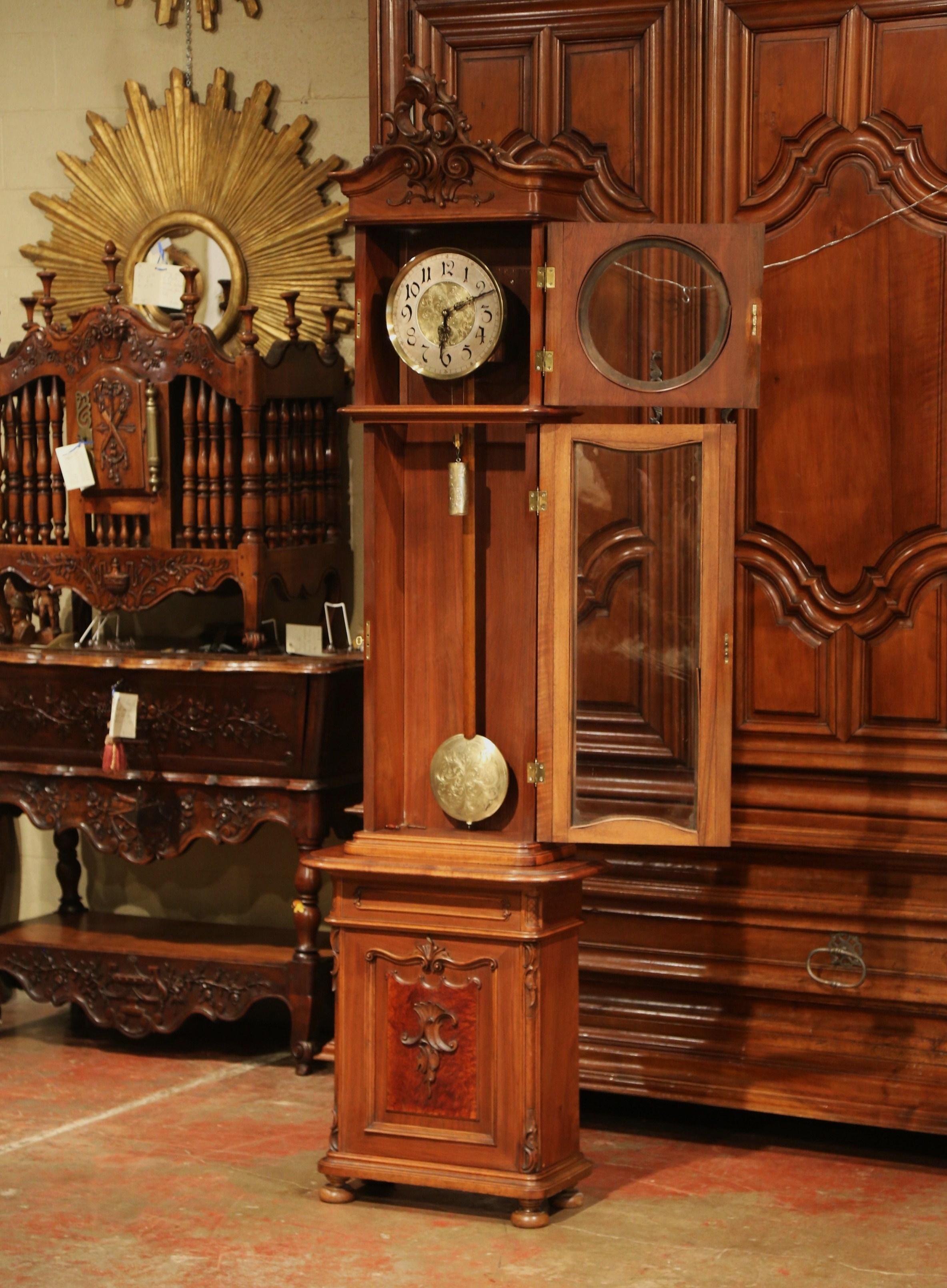 Hand-Carved 19th Century French Louis XV Carved Walnut Grandfather Clock from Lyon