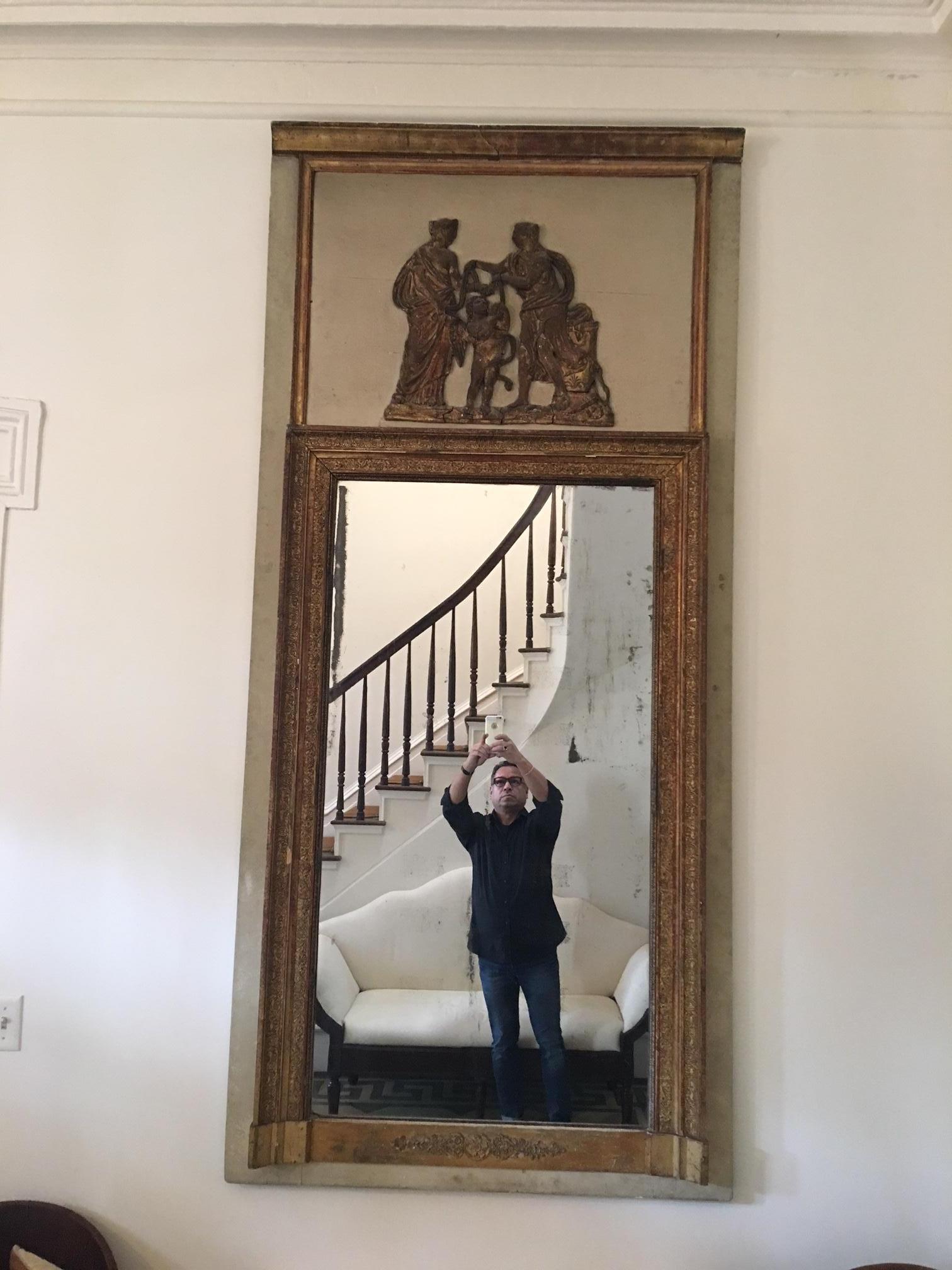 French Louis XVI Style Patinated and Giltwood Trumeau Mirror, 19th Century In Good Condition In Savannah, GA
