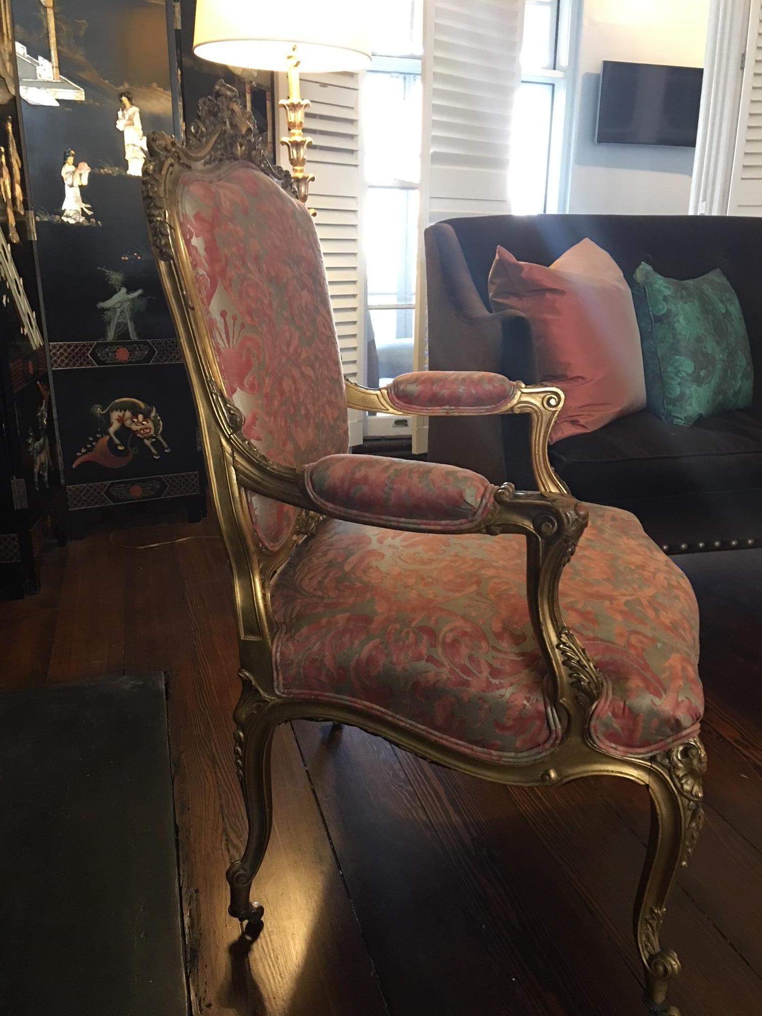 French Louis XV Style Gilded Fauteuil or Armchair, 19th Century