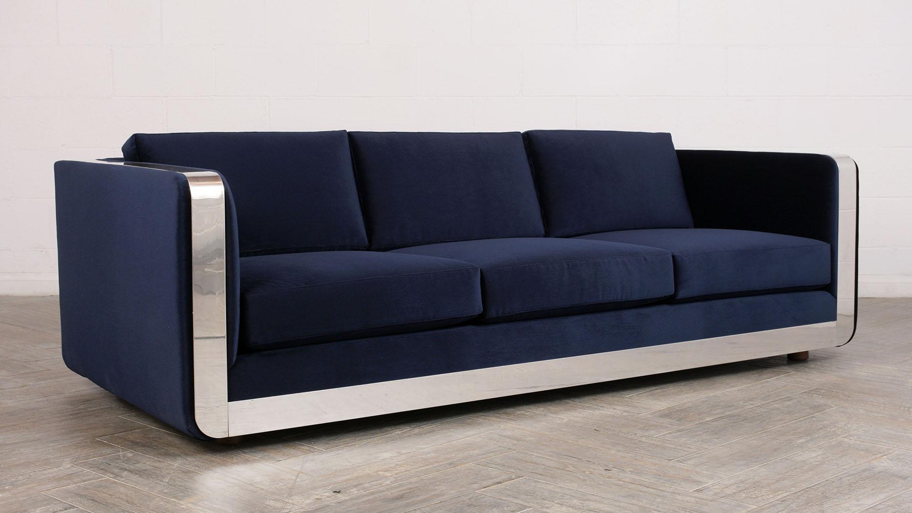 Modern Milo Baughman Style Velvet Sofa