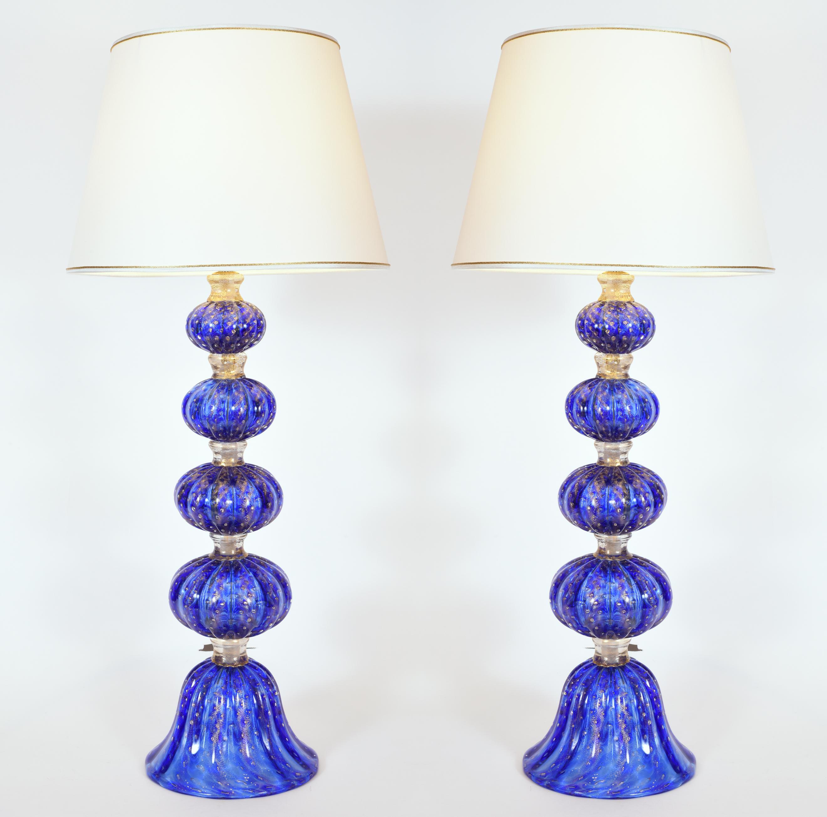 European Exquisite Pair of Cobalt Blue with Gold Flecks Table Lamps