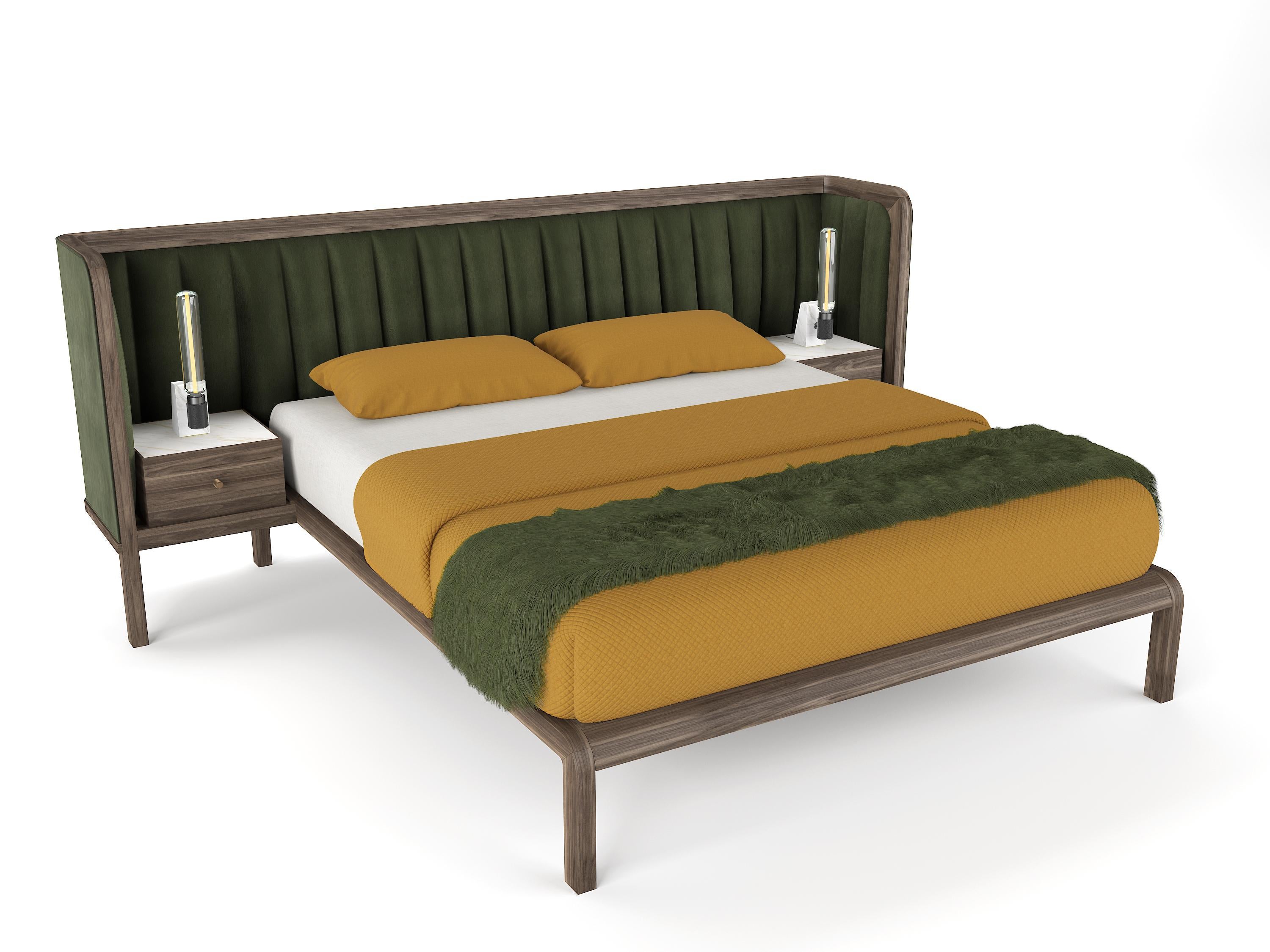 Cupid Bed in Black American Walnut & Velvet with Integrated Bedside Table In New Condition For Sale In London, GB