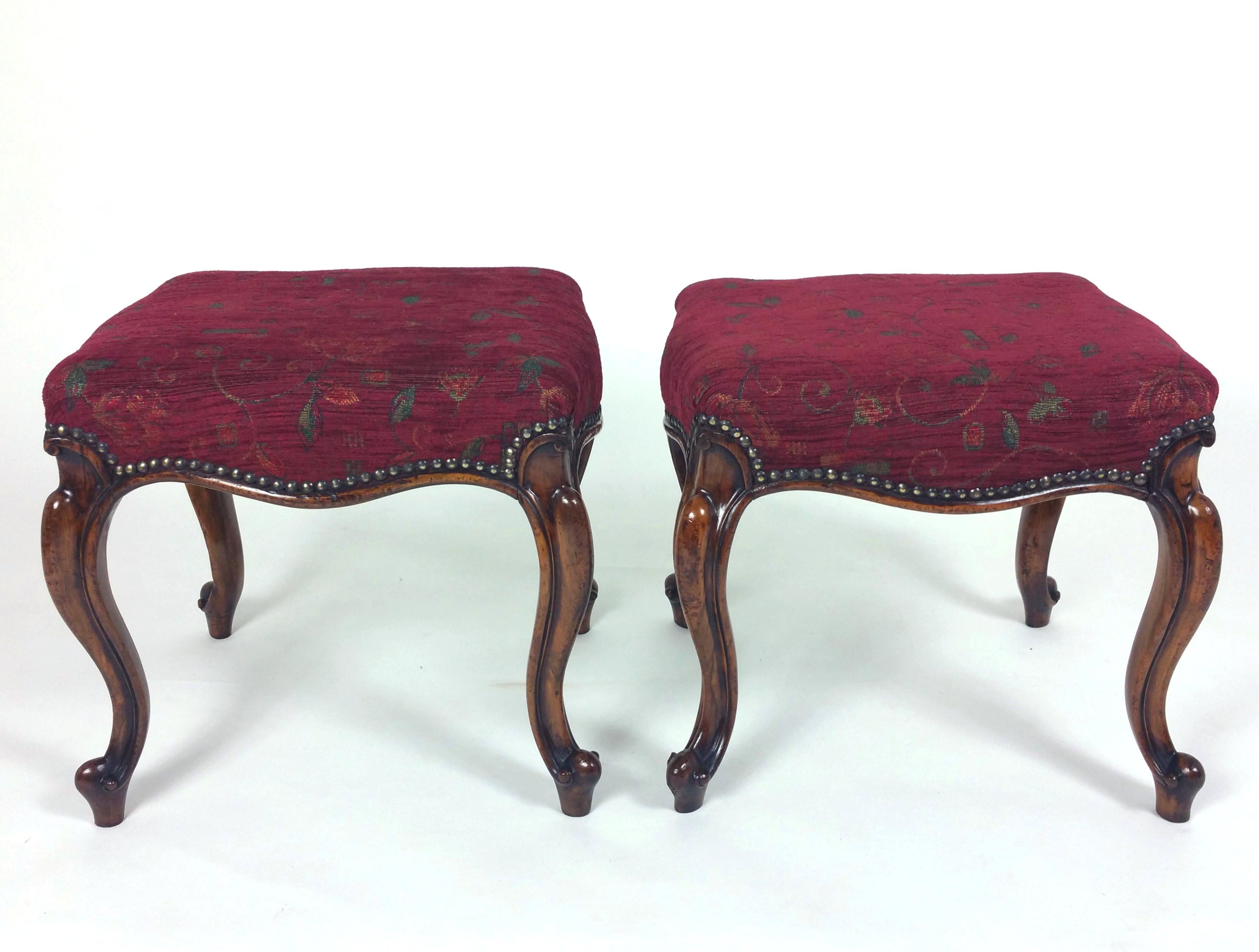 Machine-Made Pair of Victorian Carved Walnut Stools