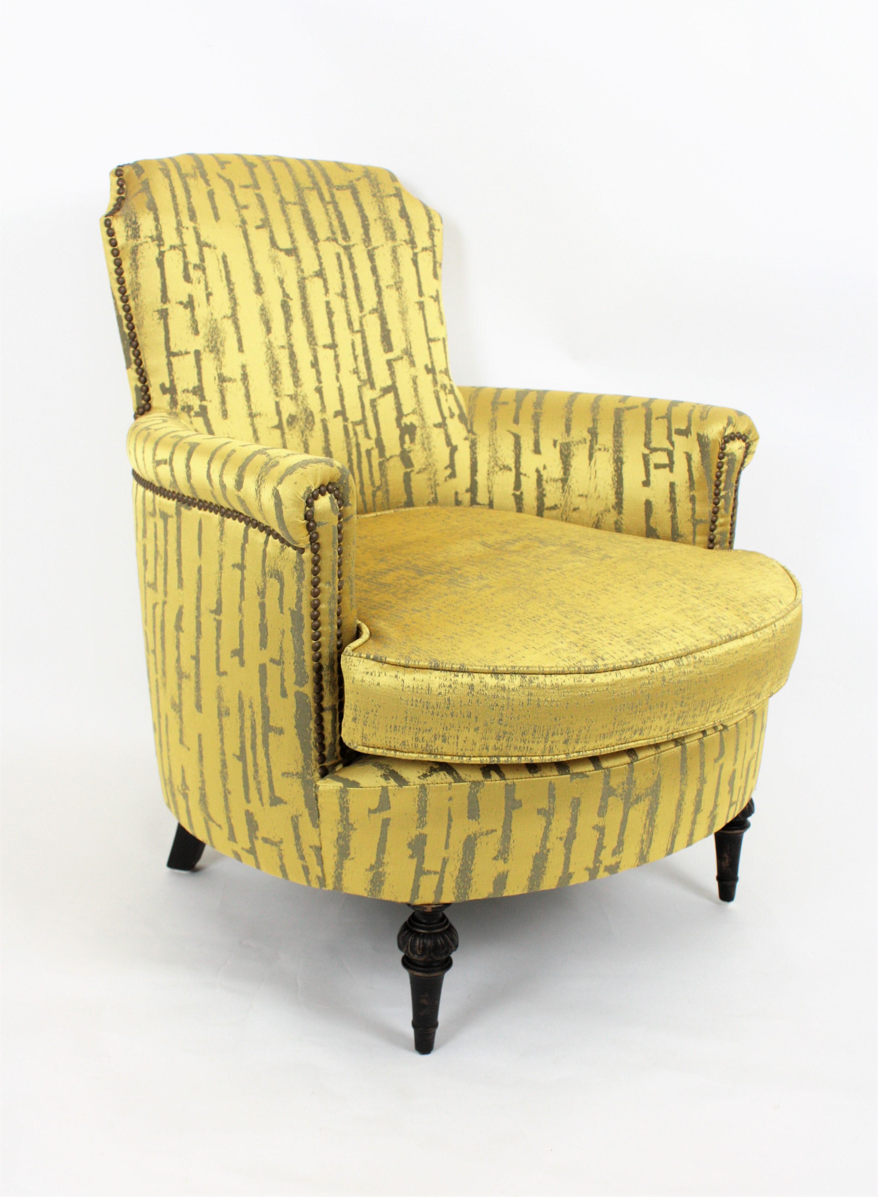 Ebonized French 1930s Louis XVI Style Armchair in Damask Modern Fabric