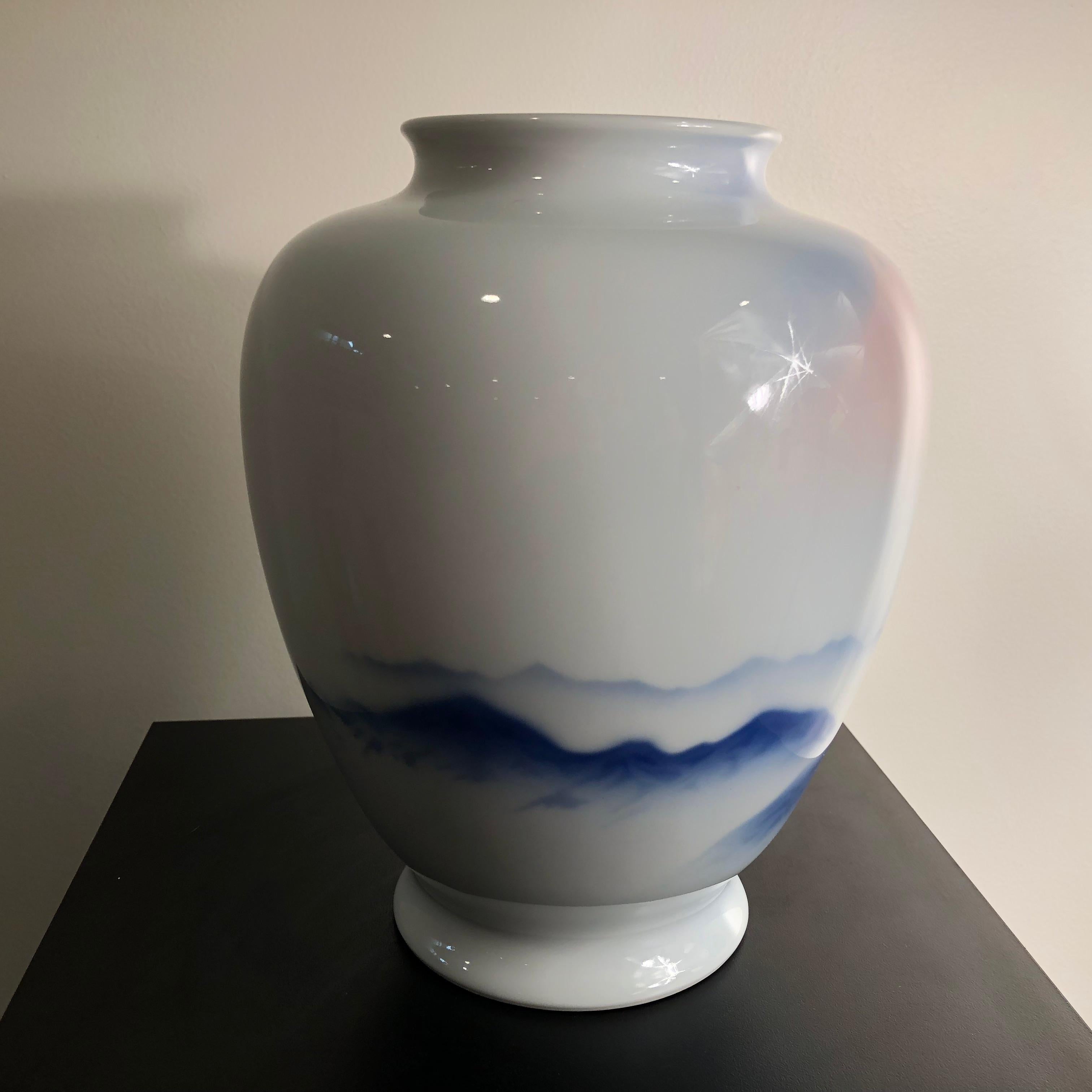 Hand-Crafted Japanese Fine Old Soft Blue Mountains Porcelain Vase, Mint, Signed and Boxed