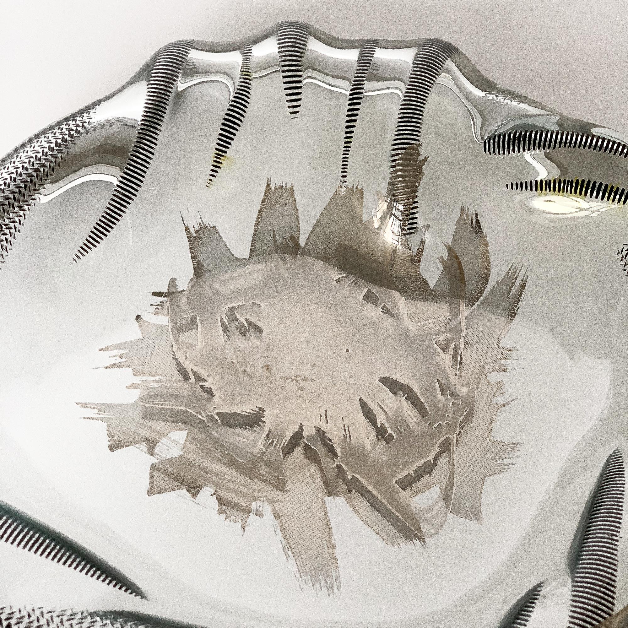 American Unique Sculptural Art Glass Low Bowl with Silver Details