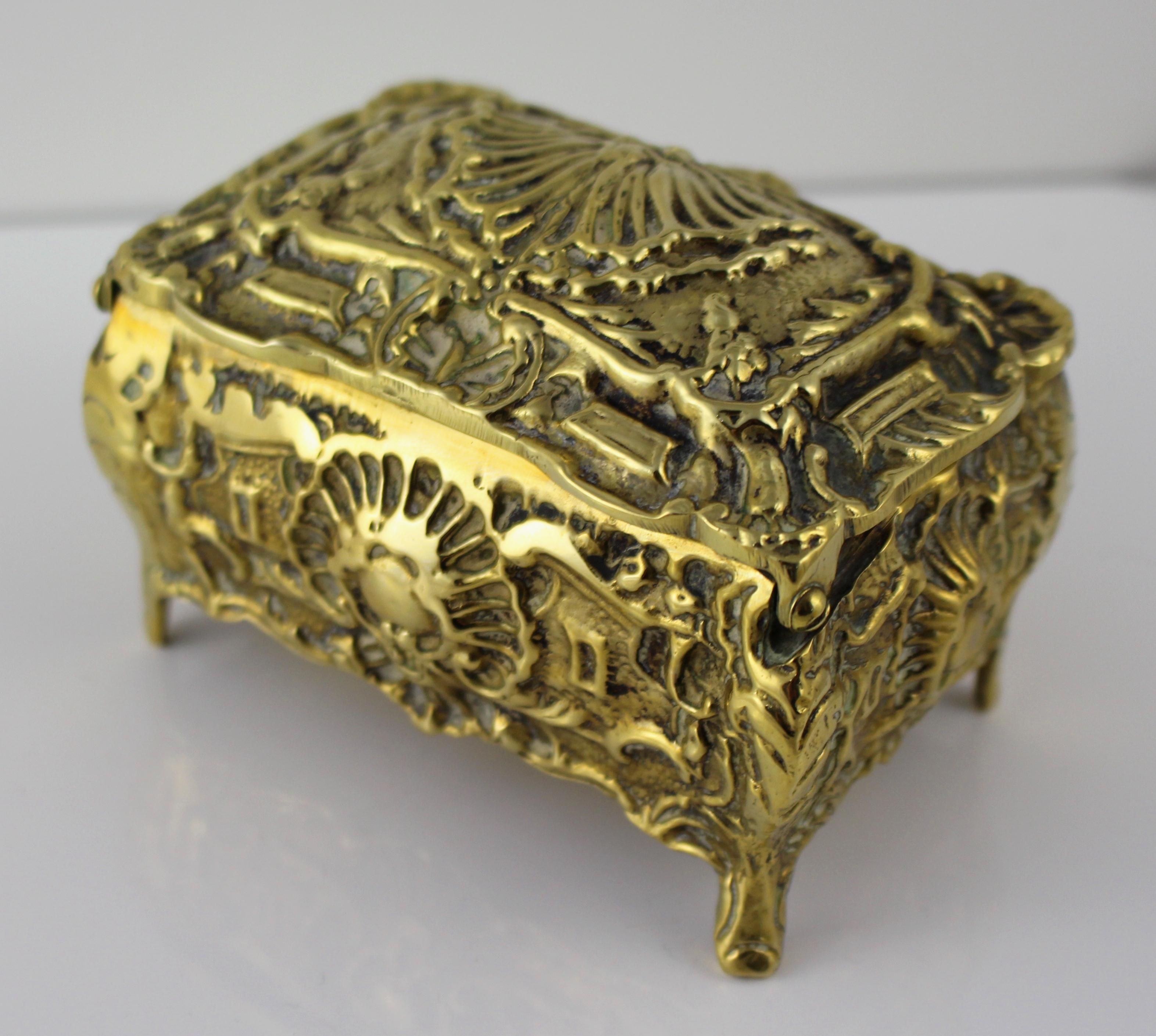 19th Century Ornate Heavy Brass Victorian Casket with Velvet Lined Interior