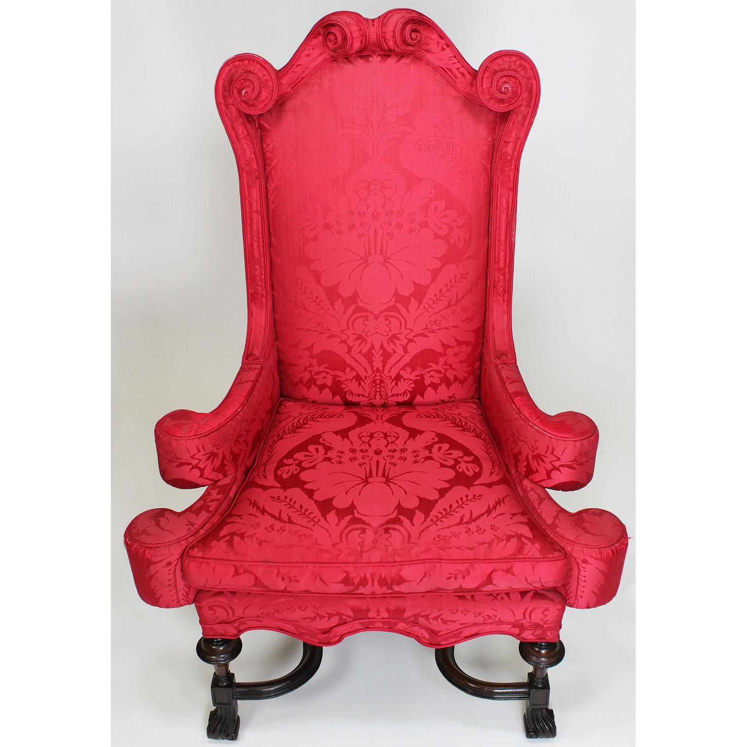 Carved Rare Pair of English 19th Century William & Mary Style Mahogany Throne Armchairs For Sale