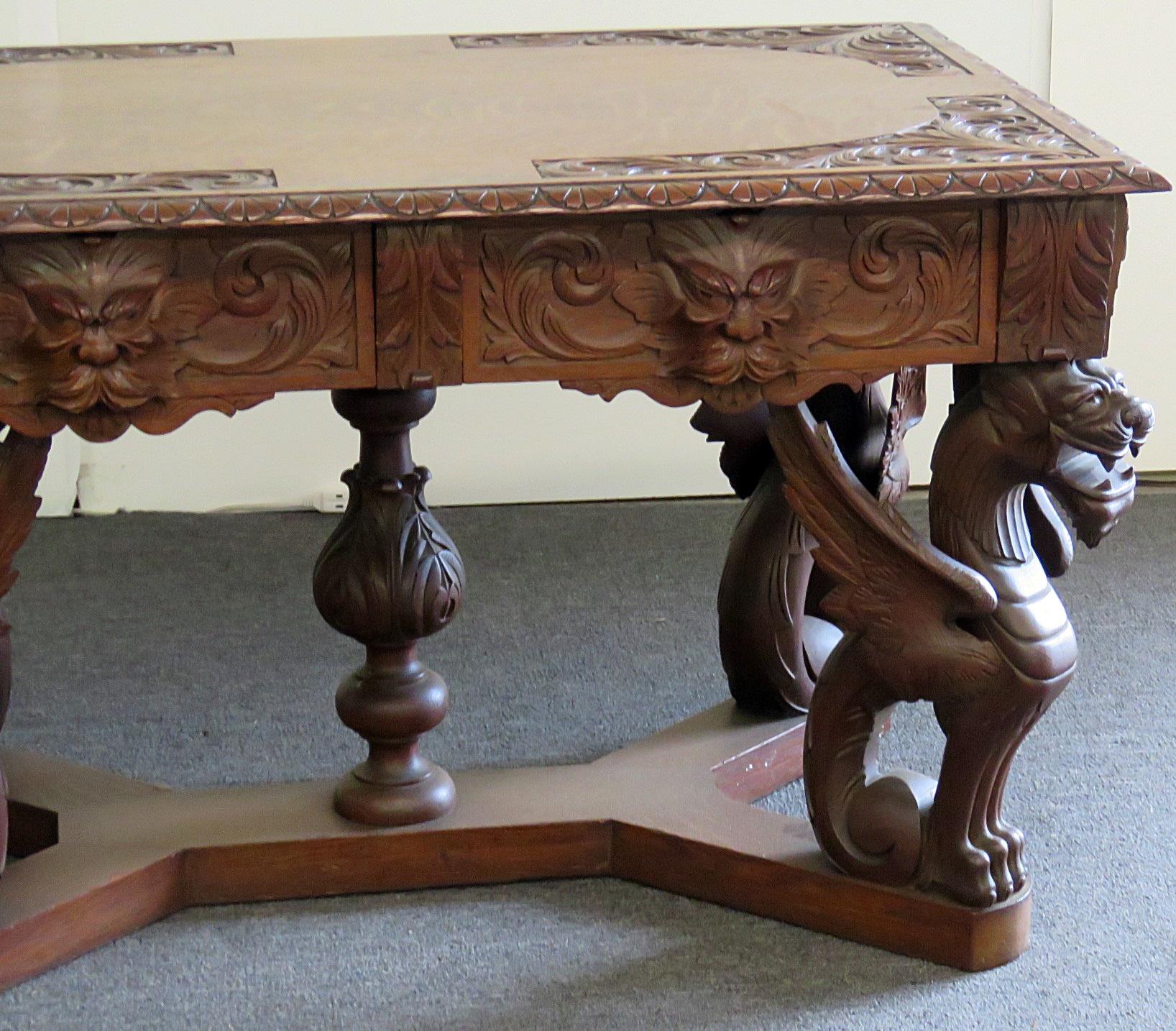 20th Century Oak Renaissance Style Winged Griffin Desk