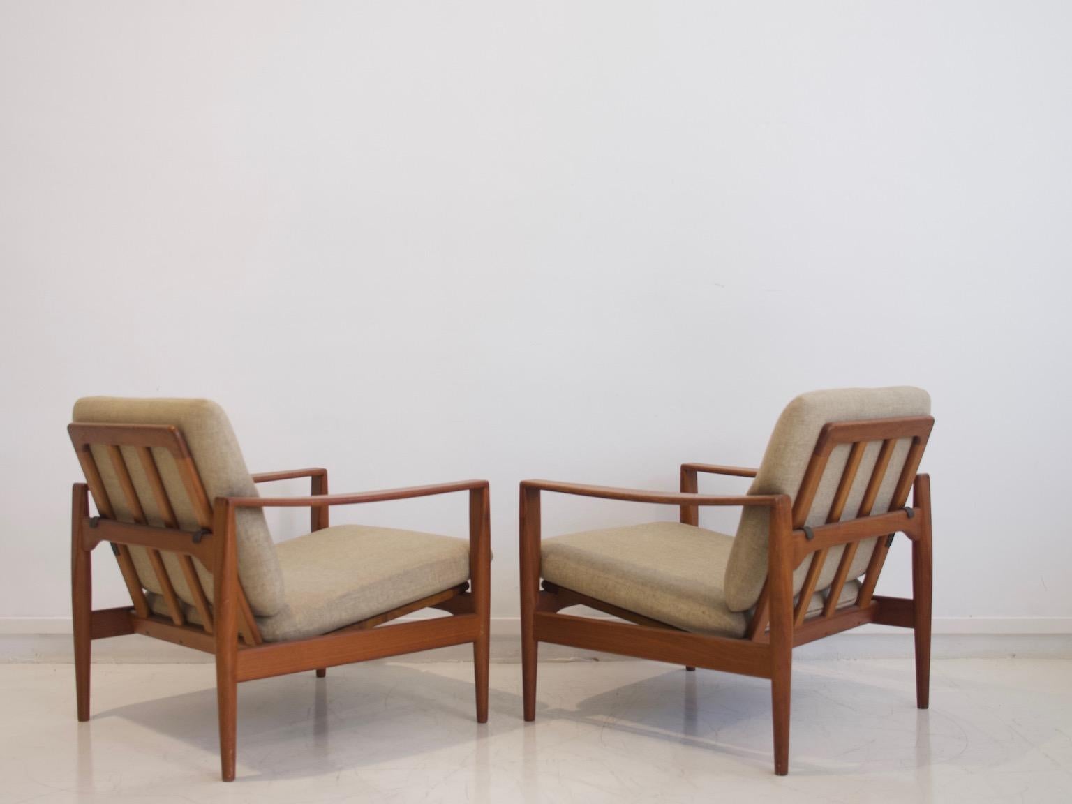 Danish Pair of Illum Wikkelsø Teak Model EK Armchairs with Fabric Upholstery