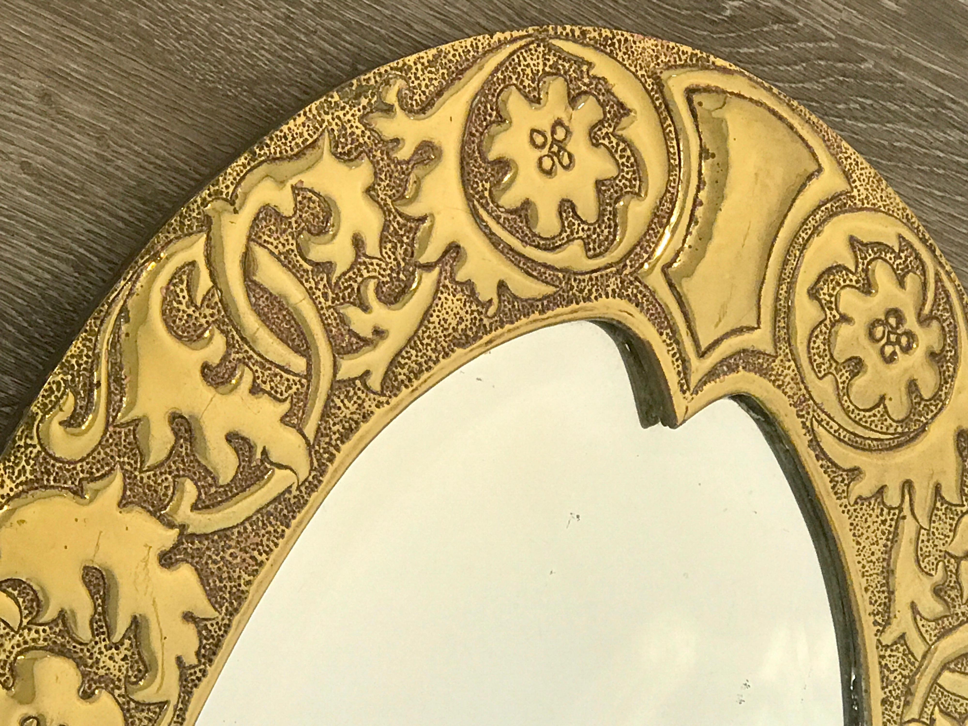 Repoussé Irish Arts & Crafts Oval Brass Mirror, Attributed to the Glasgow School