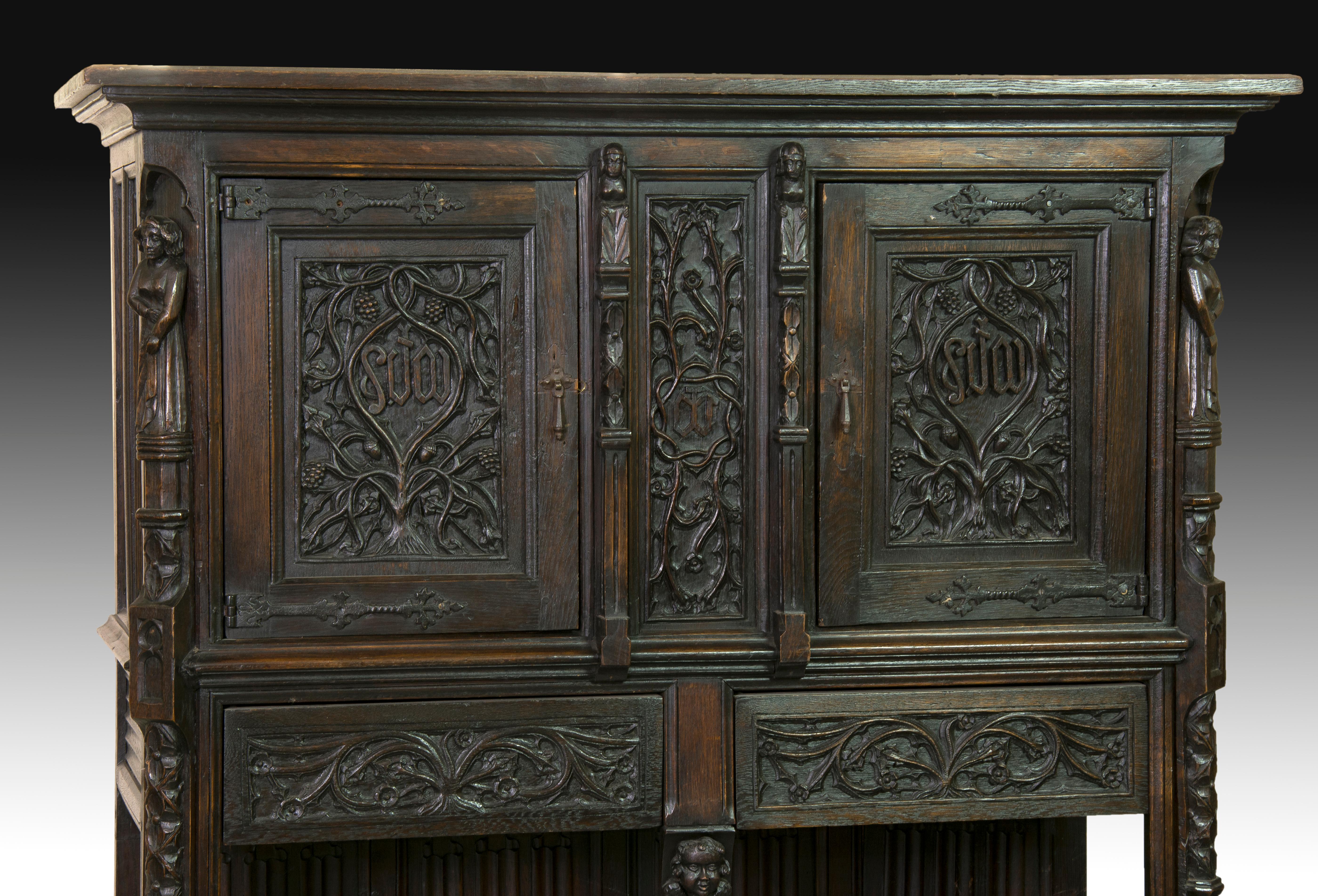 European Neogothic Cupboard, Oak, 19th Century For Sale