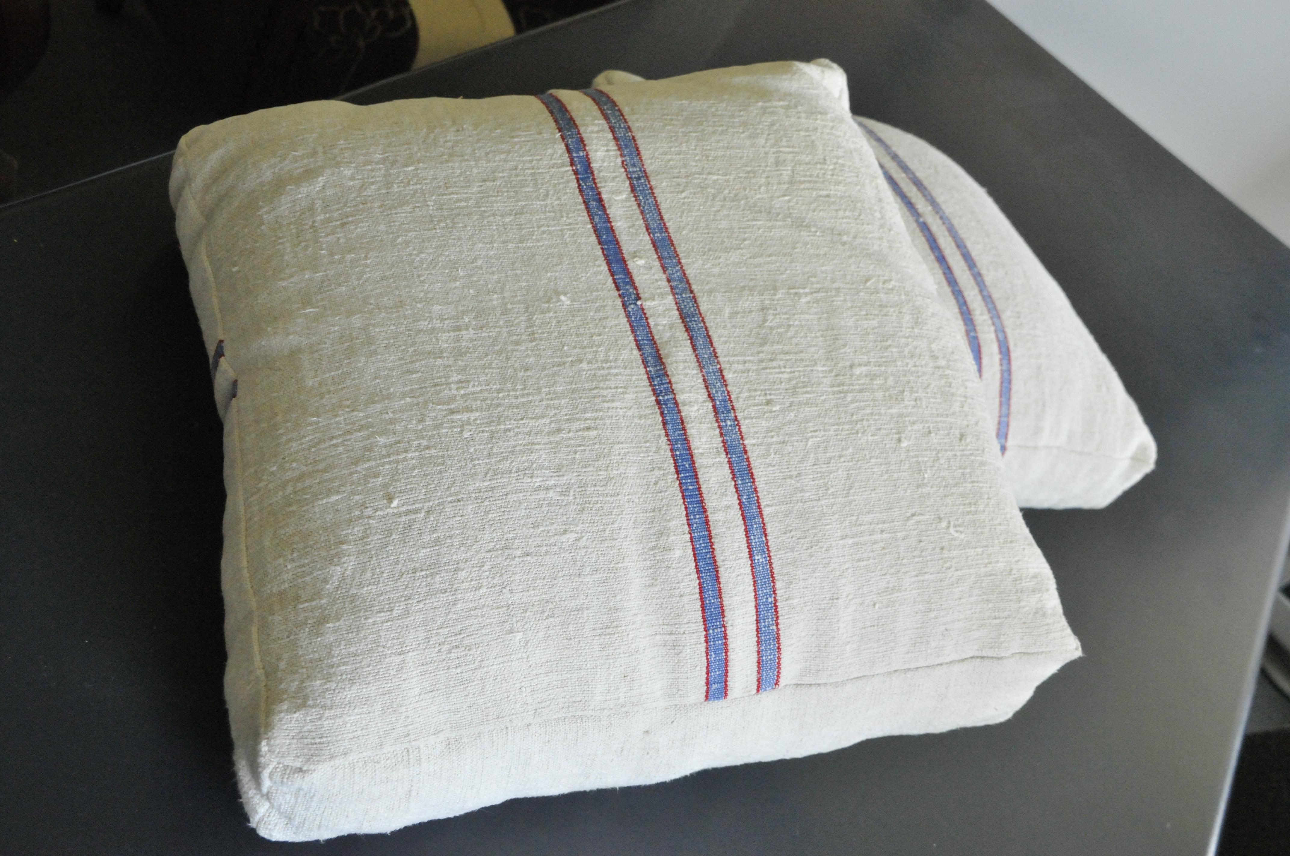 Rustic 1940s Blue-Red Striped Pillow/ 2 st  For Sale