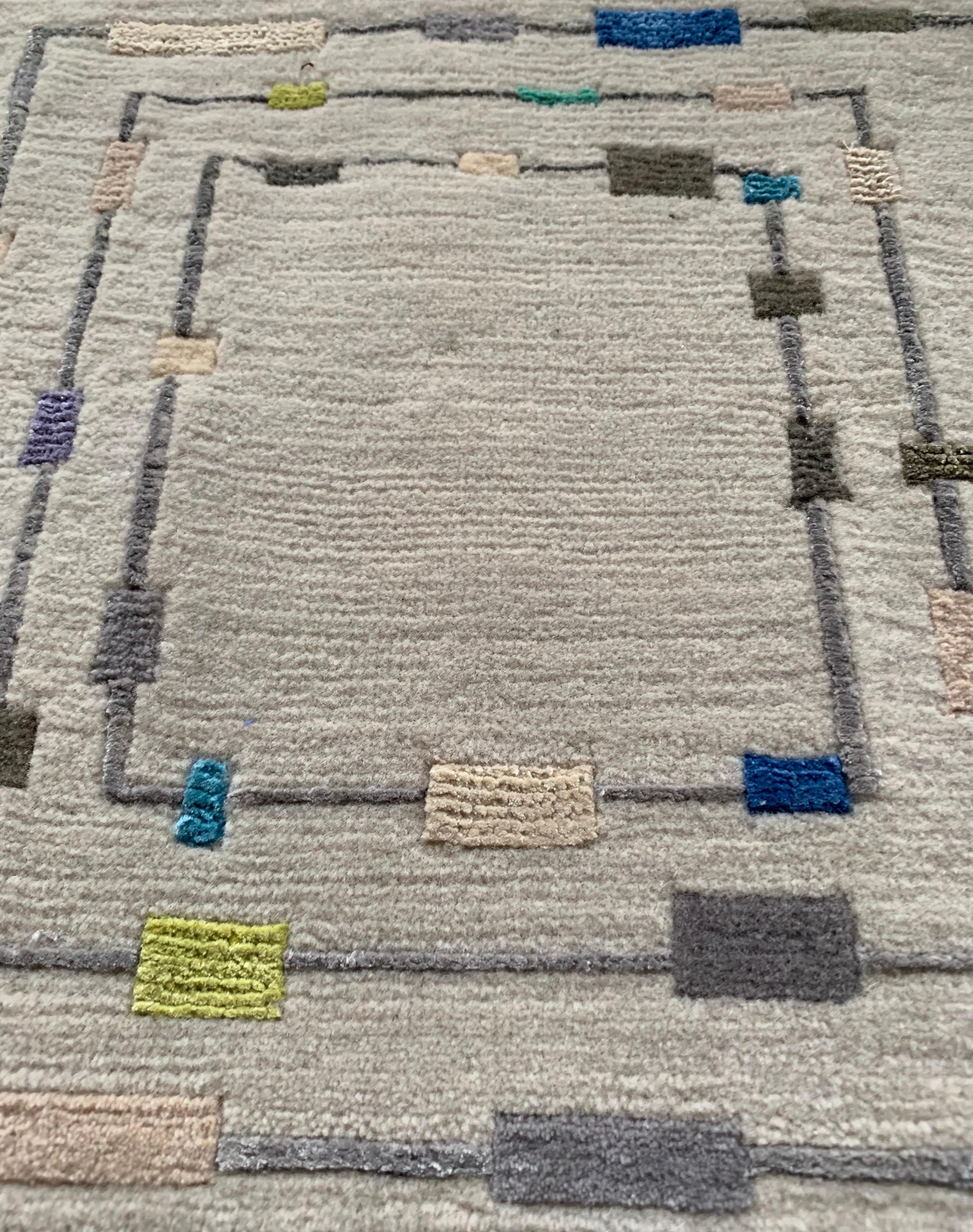 Hand-Knotted Grey and Multi-Color Accent Beads Square Handknotted Silk and Wool Rug For Sale