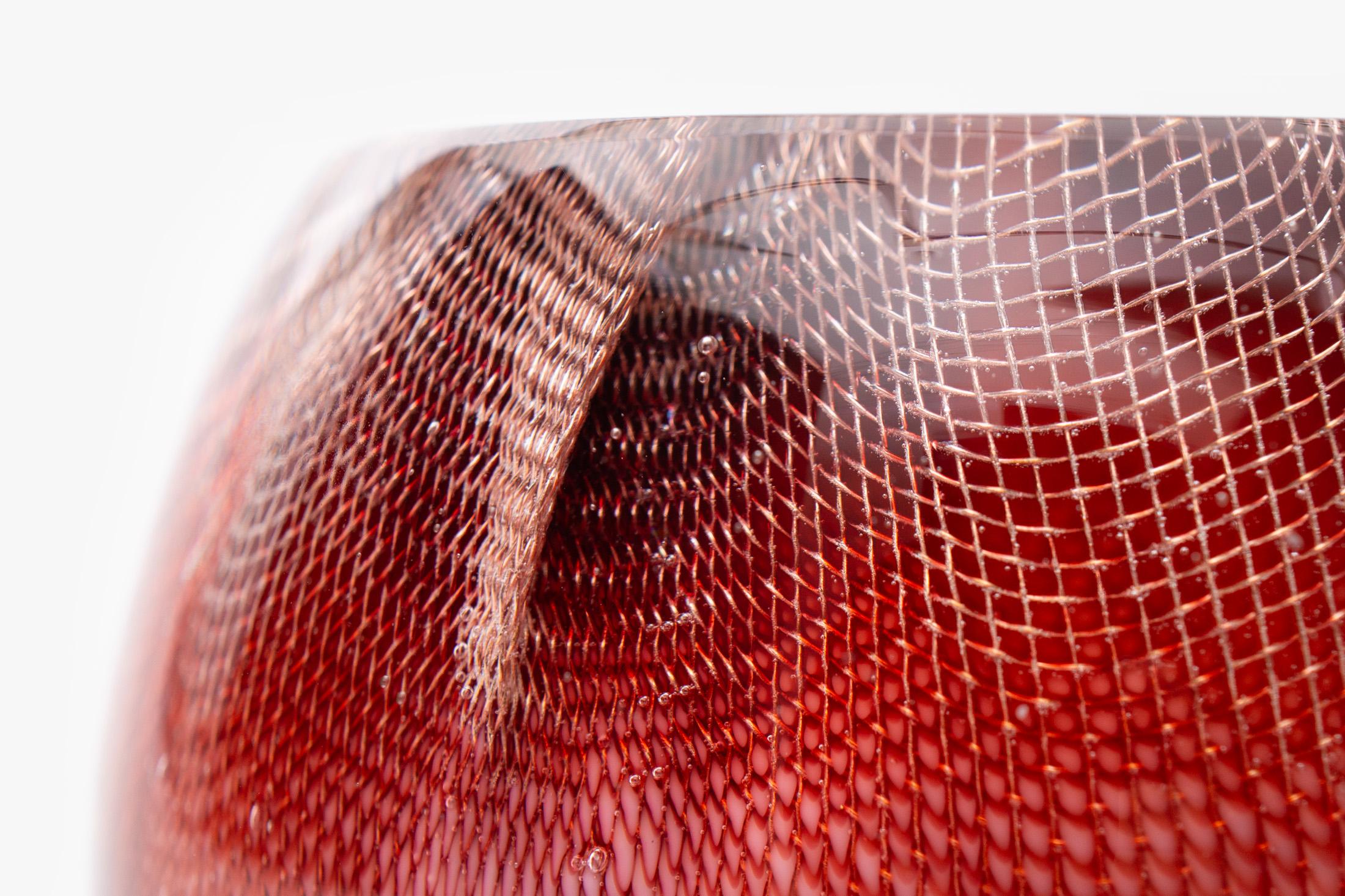 Glass and Copper Mesh Vase by Omer Arbel For OAO Works, Blood Orange In New Condition For Sale In Vancouver, British Columbia