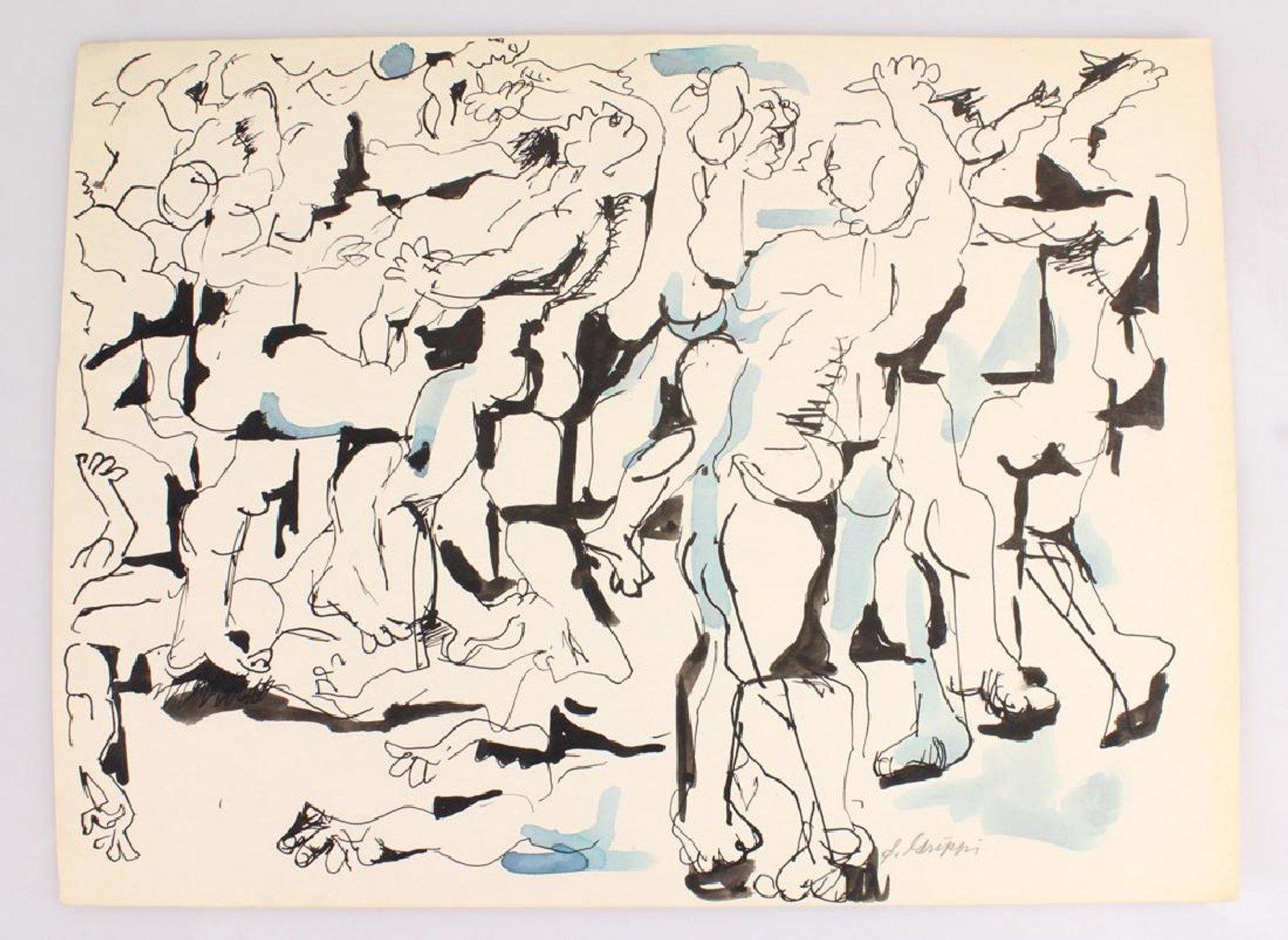 Américain Aquarelle expressionniste abstraite du milieu du siècle dernier, Salvatore Grippi, Bleu en vente