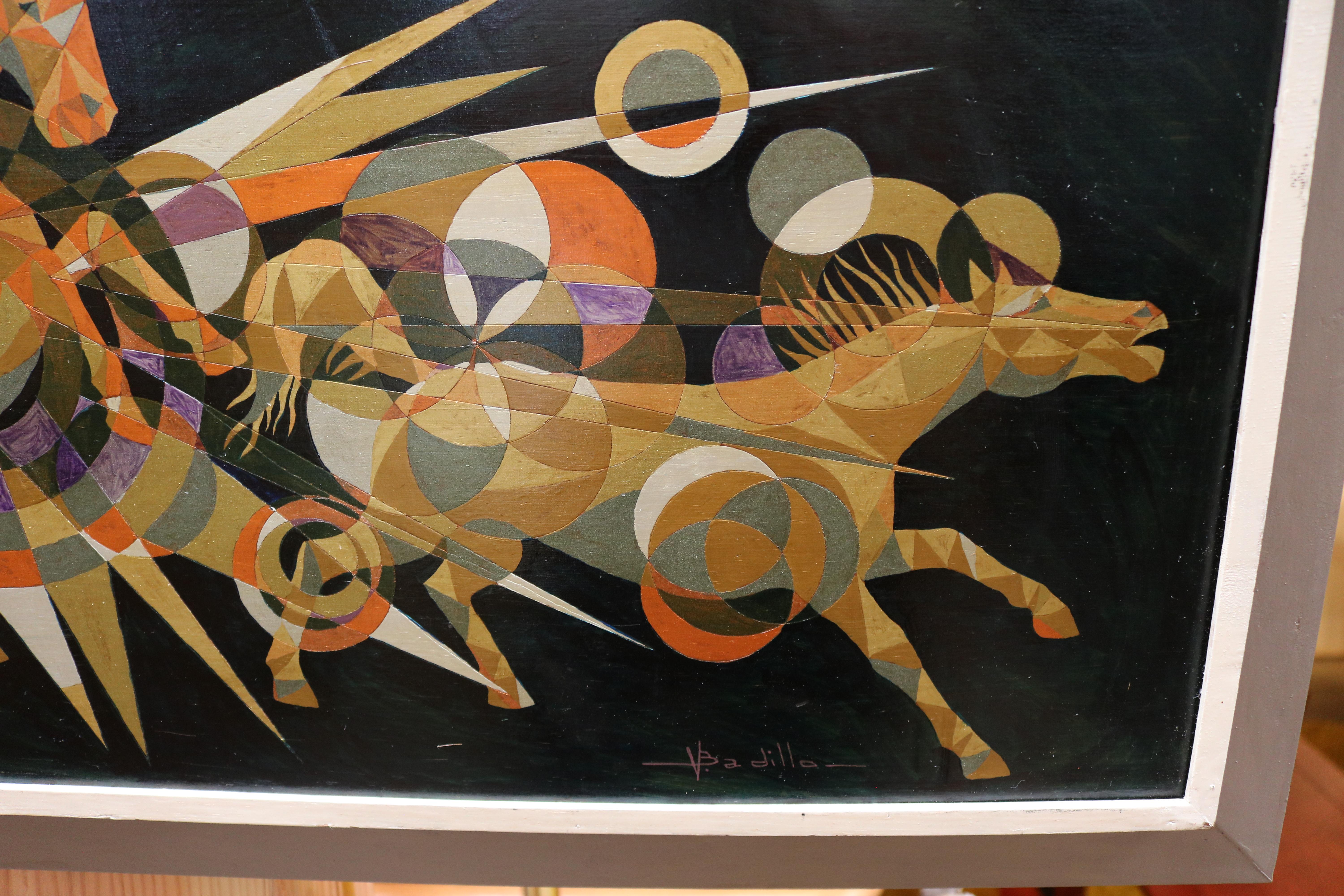 American Multicolored Kaleidoscope Style Horses Painting Signed Badilla