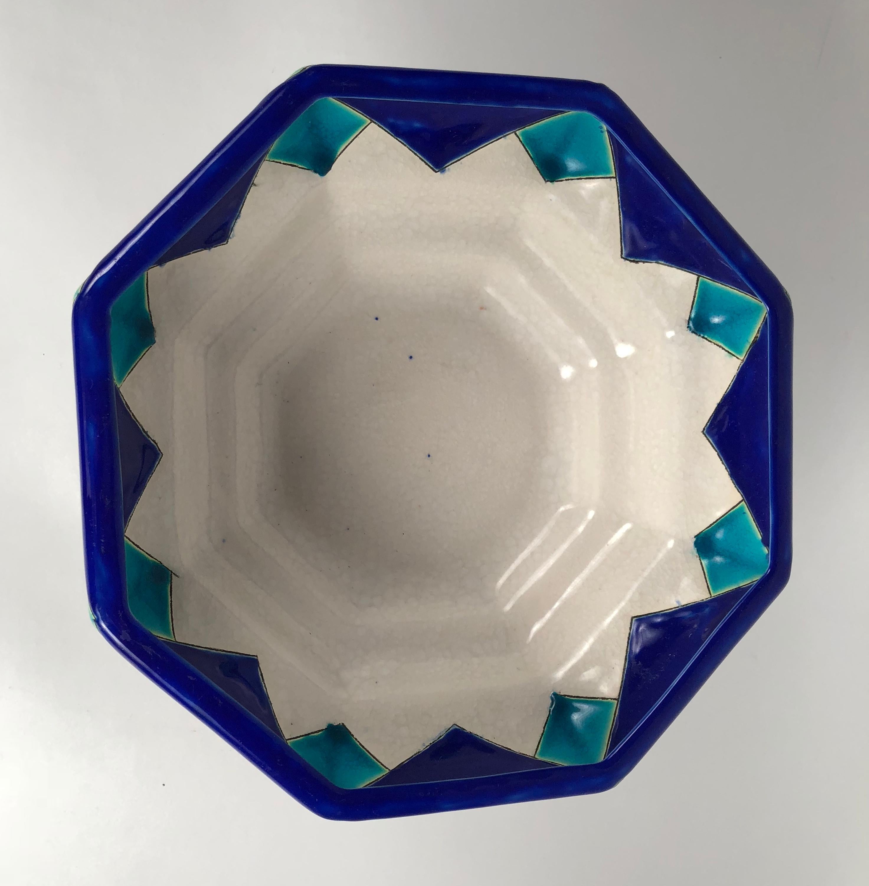 Art Deco Period Blue Turquoise and White Ceramic Footed Bowl by Boch Frères (Belgisch)