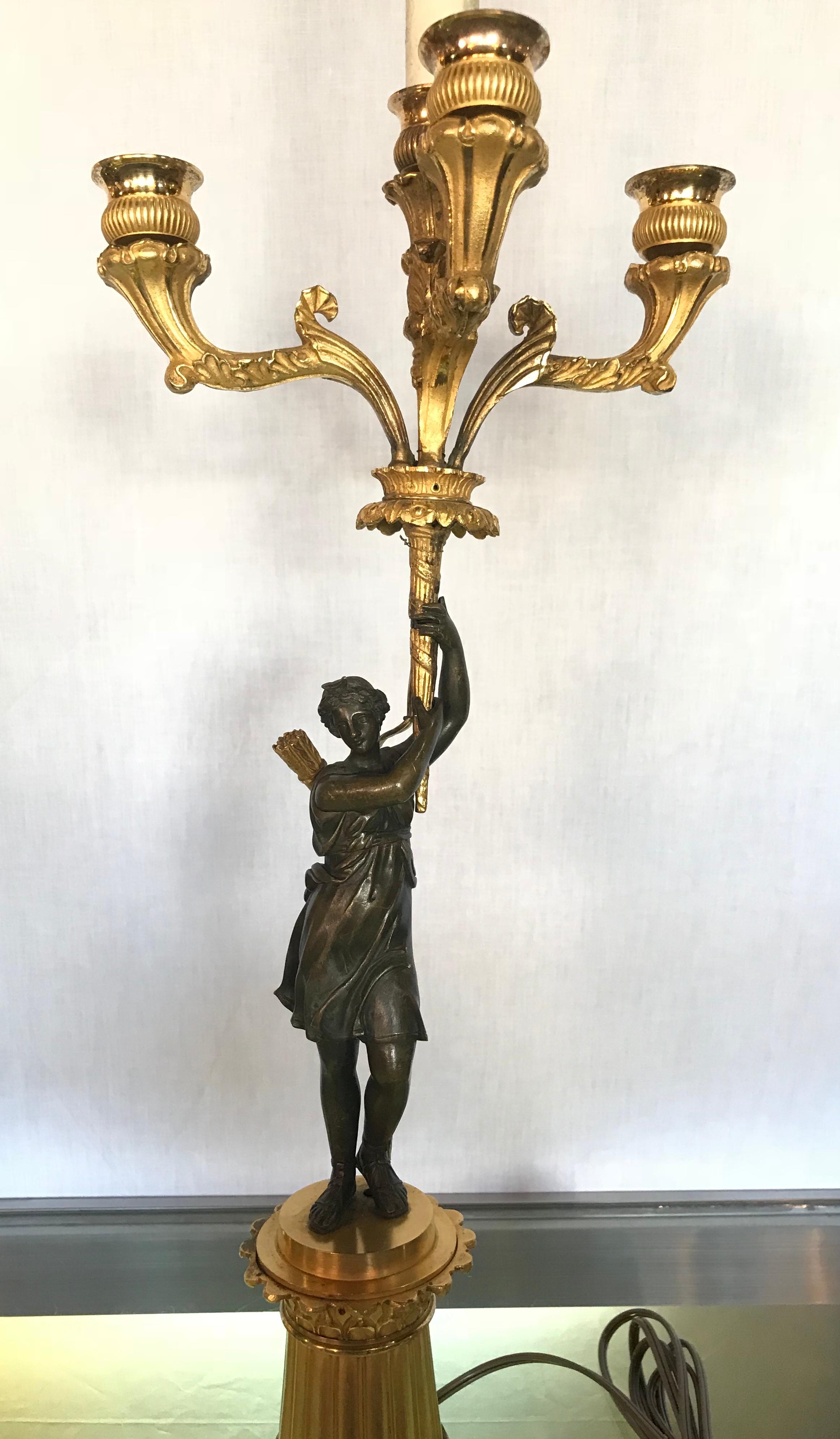 French Empire Doré Bronze Candelabra Lamp Having a Patinated Woman Mounted as a Lamp For Sale