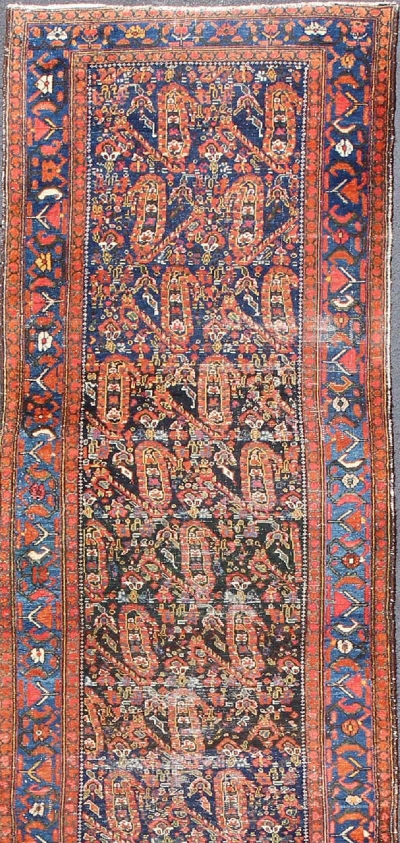 All-Over Design Antique Persian Malayer Long Runner in Blue and Burnt Orange  In Good Condition In Atlanta, GA