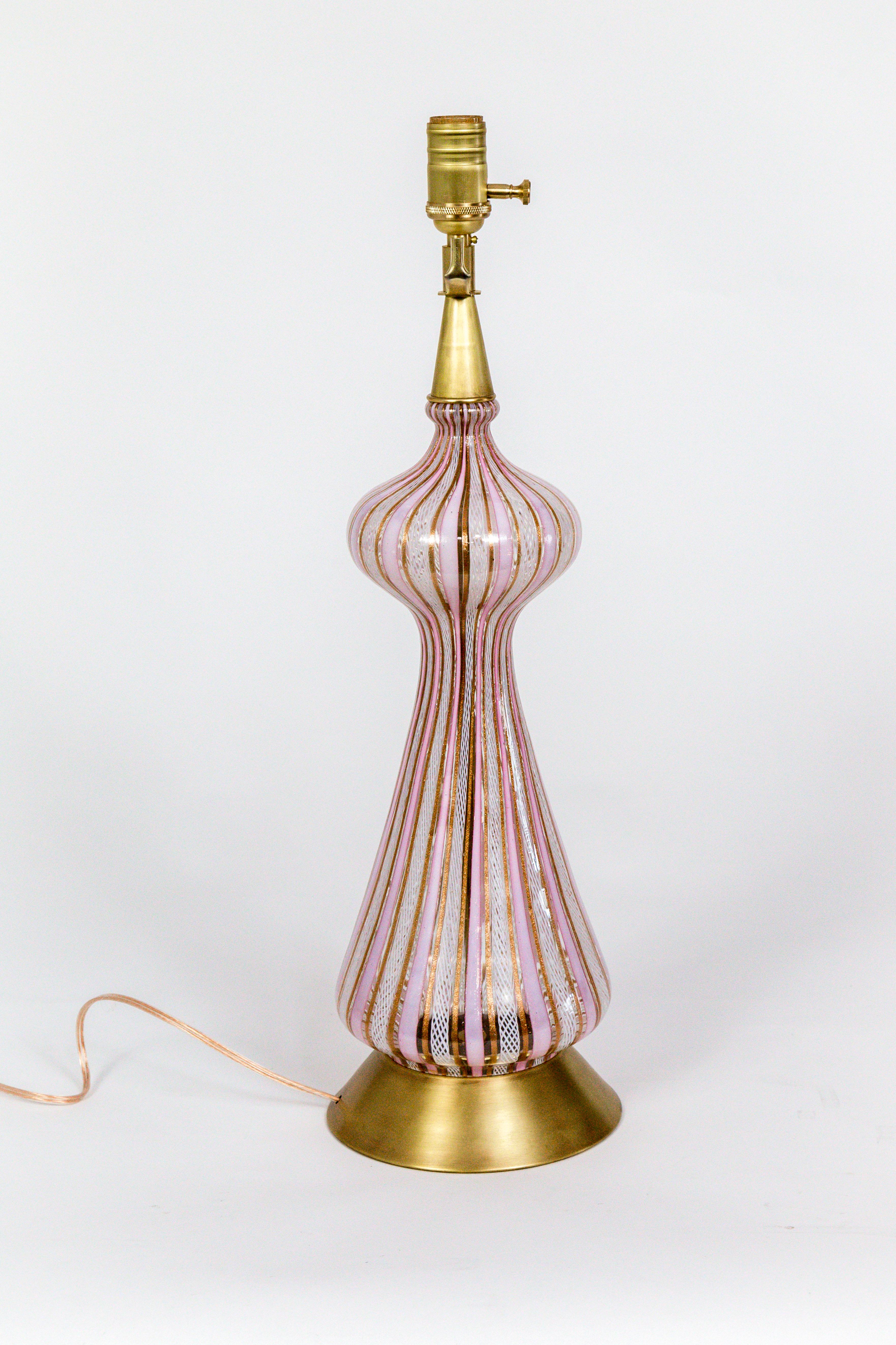 Italian Pink Filigrana Aventurine Glass Murano Lamp