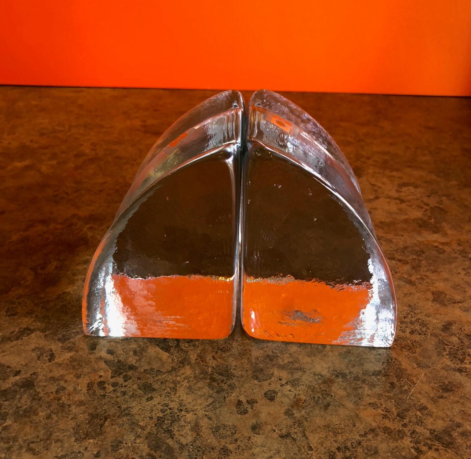 Mid-Century Modern Quarter Circle Wedge Clear Glass Bookends by Blenko