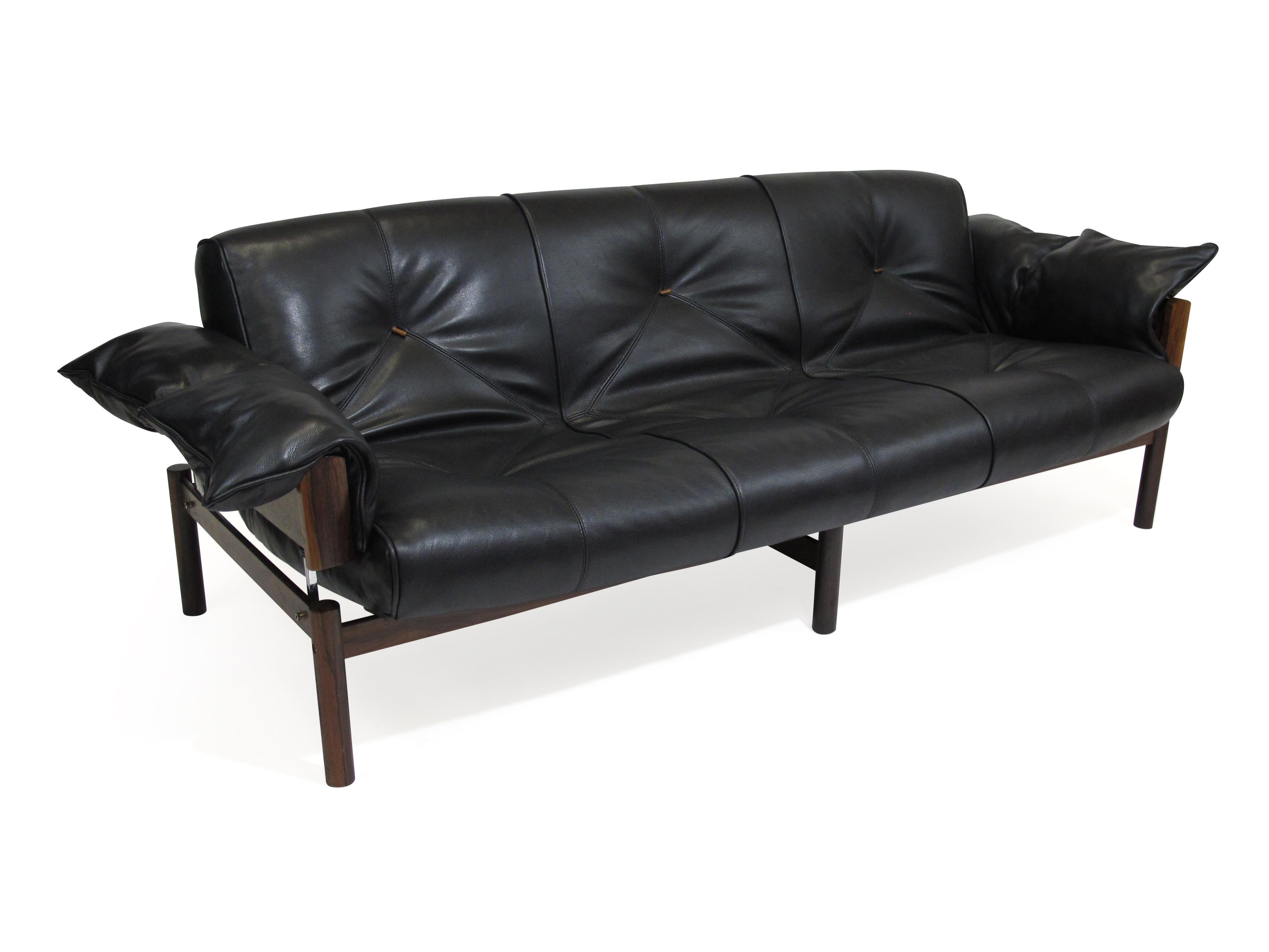 Mid-Century Modern 1960 Percival Lafer Brazilian Rosewood Sofa and Chair in Black Leather